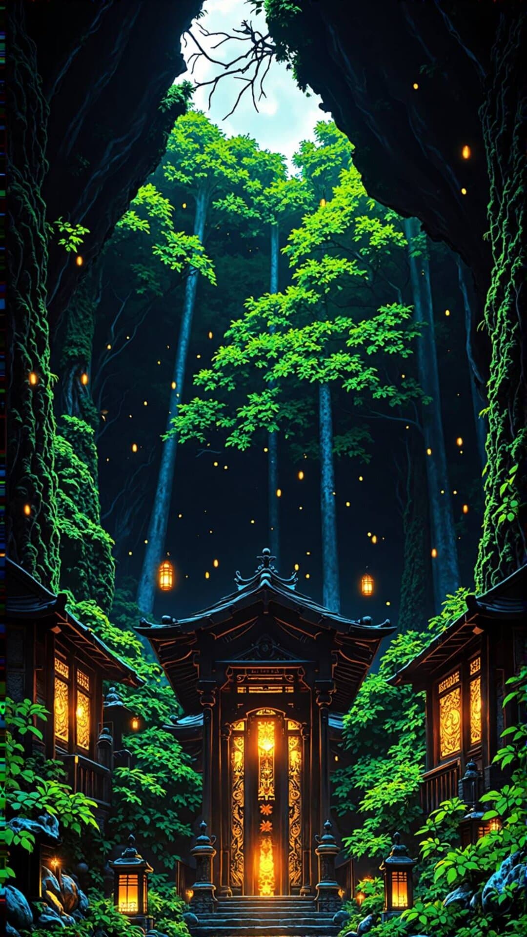 A deep, lush forest scene framing an illuminated traditional Asian temple entrance pathway at twilight.