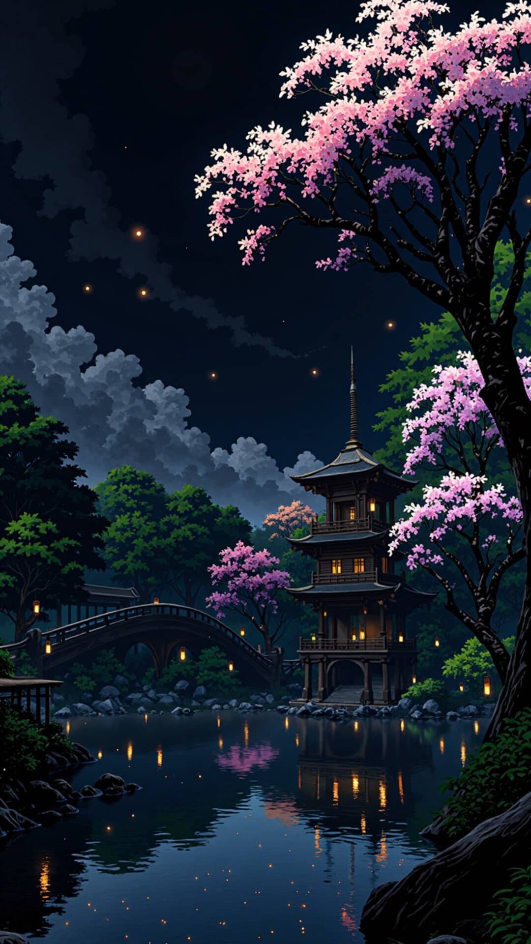 A dramatic, anime-style night scene featuring a Japanese pavilion, cherry blossoms, and a misty, glowing river.