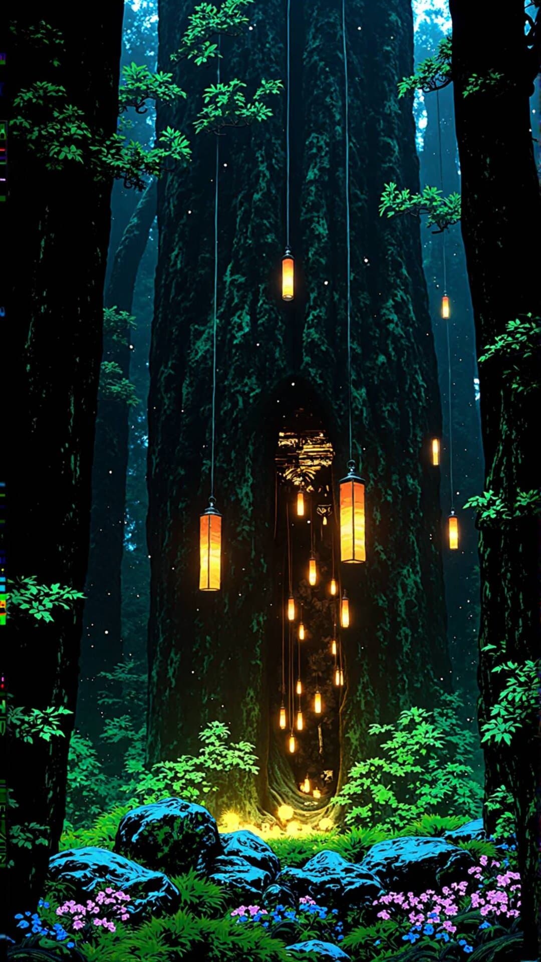 An atmospheric, cinematic view through towering, dark forest trees towards a glowing, lanterns-adorned archway.