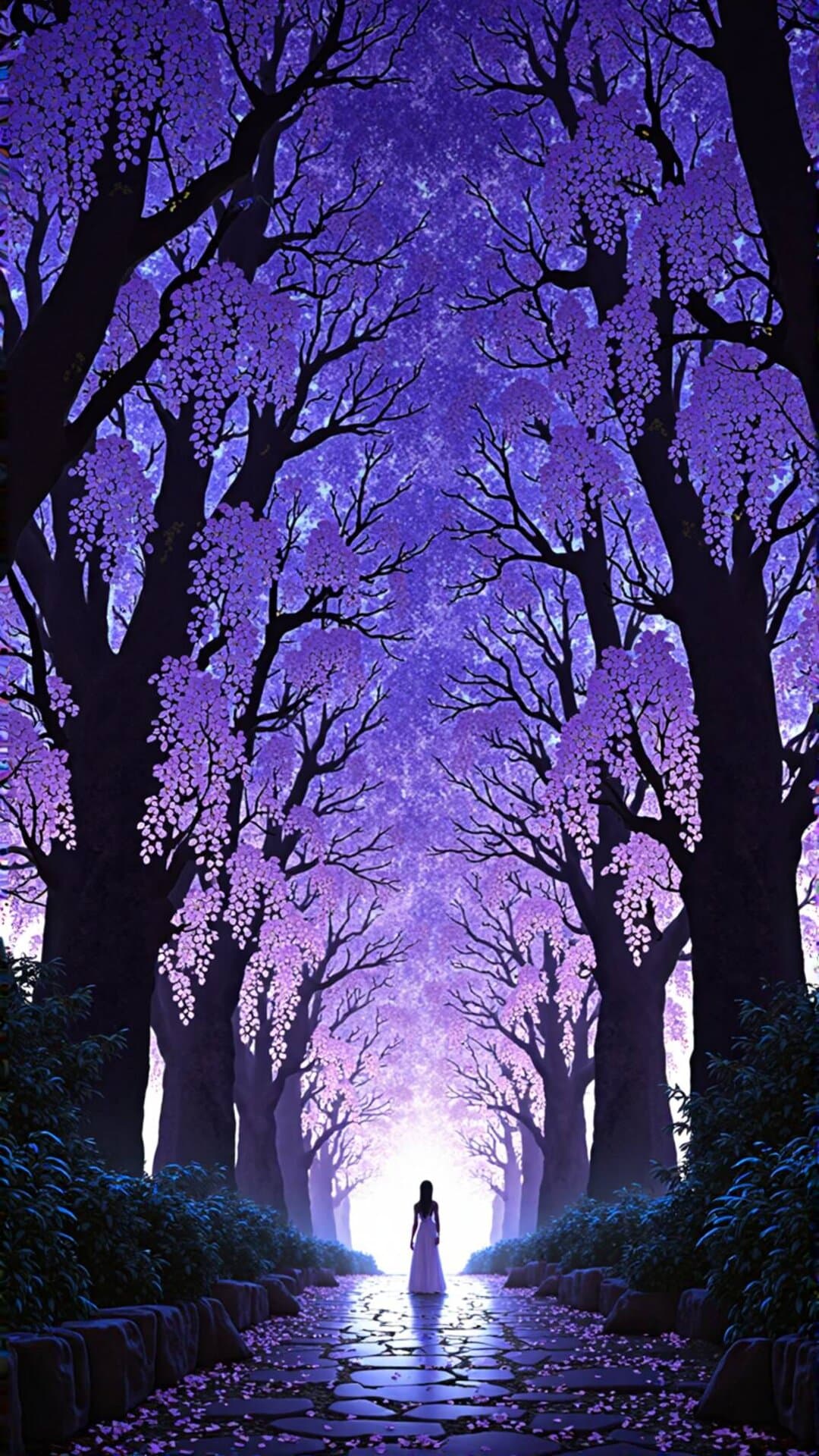A stunning, ethereal pathway under a canopy of vibrant purple cherry blossoms, leading toward a glowing light.