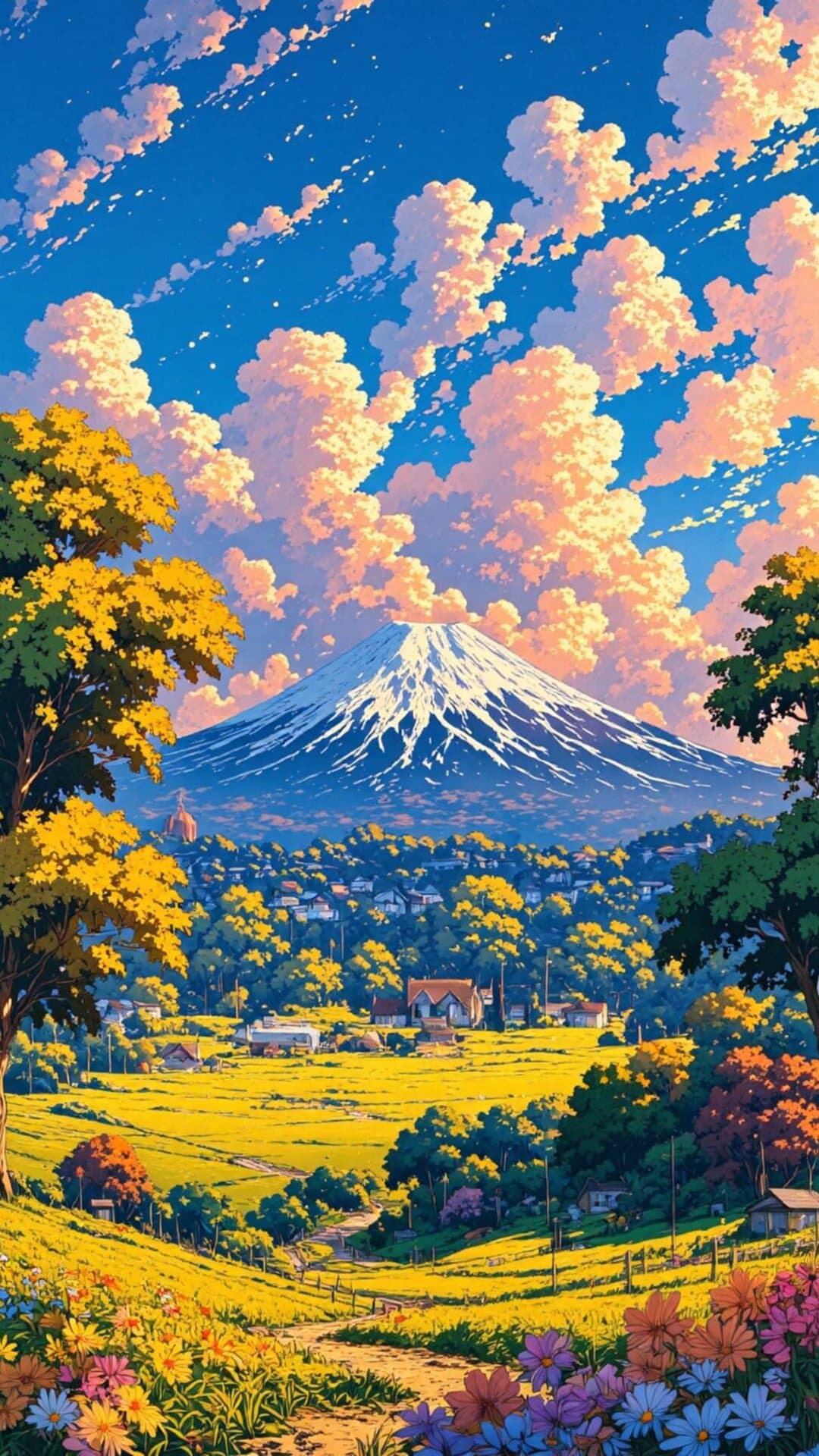 Anime-style vibrant scene of a majestic, snow-capped mountain over golden fields under dramatic, colorful clouds.