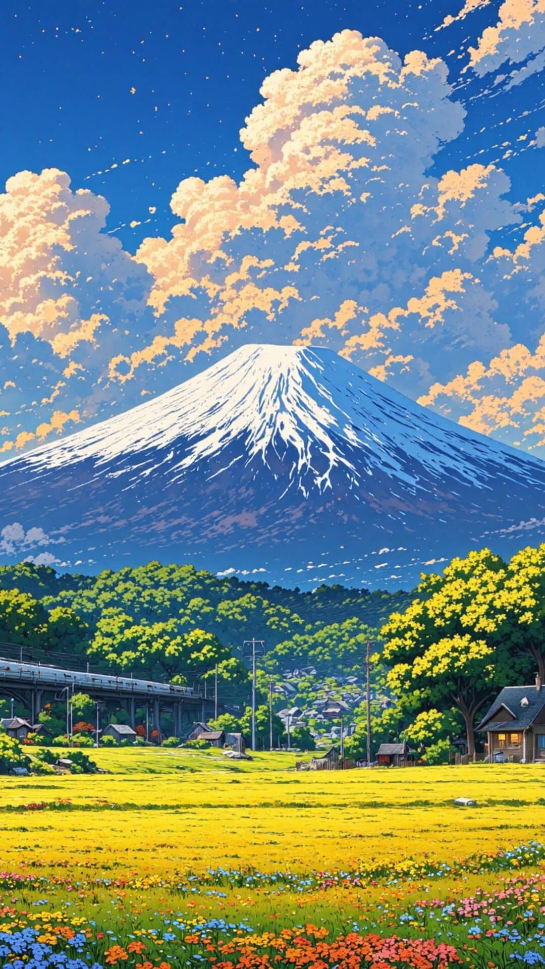 Anime-style landscape featuring a snow-capped volcano, vibrant yellow fields, and dramatic, golden-lit clouds.