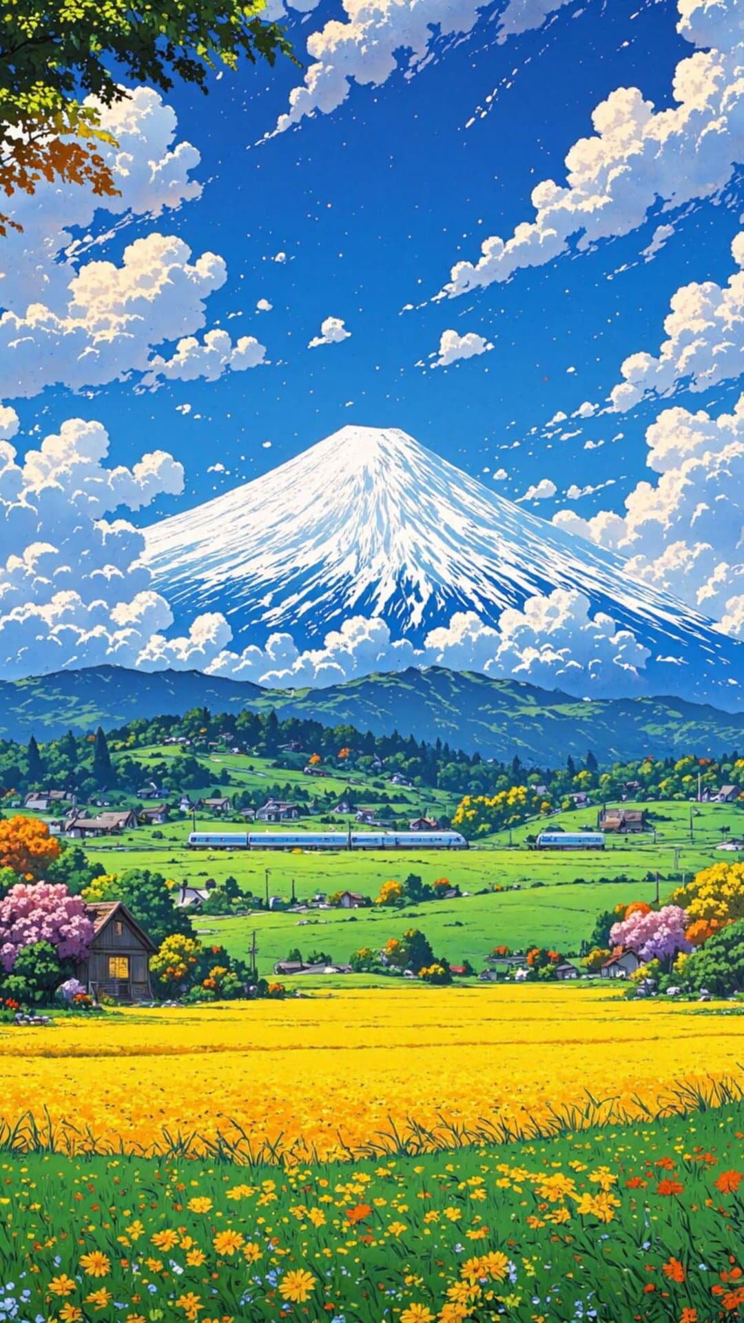 Vibrant anime-style illustration of a massive snow-capped mountain over lush green fields and golden flowers under a dramatic blue sky.