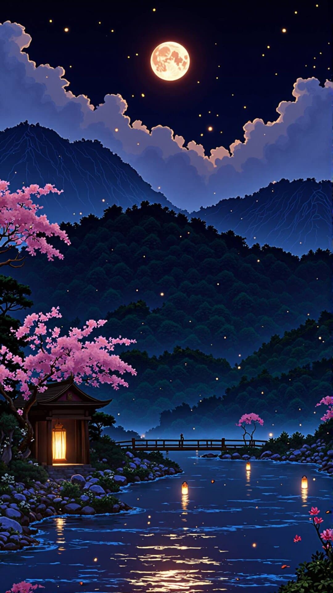 A tranquil Asian landscape featuring pink cherry blossoms, a glowing temple, a full moon, and deep green mountains under a starlit night sky.