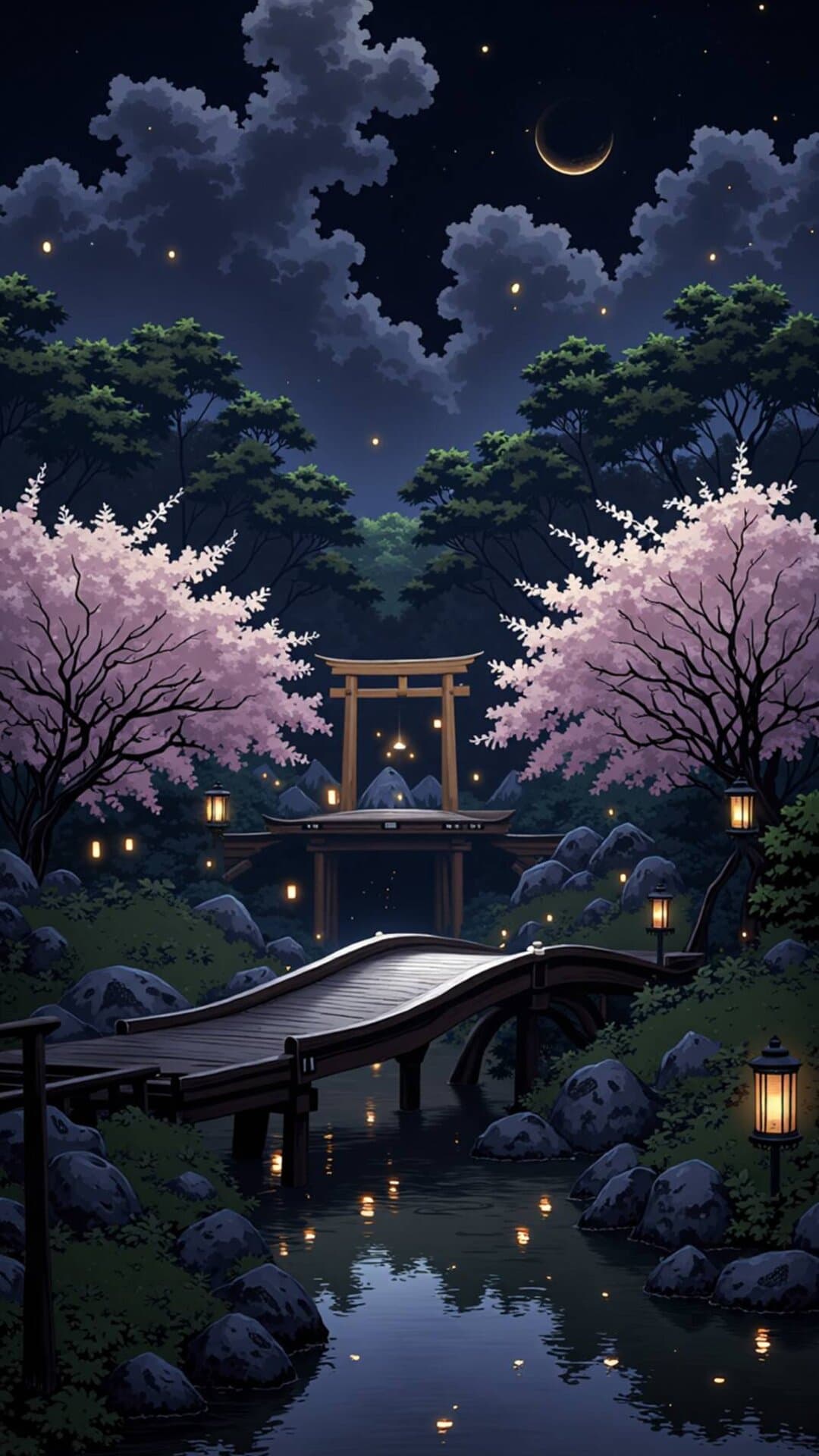 Japanese-inspired scene featuring a traditional temple, pink cherry blossoms, and a wooden bridge under a starlit night sky.