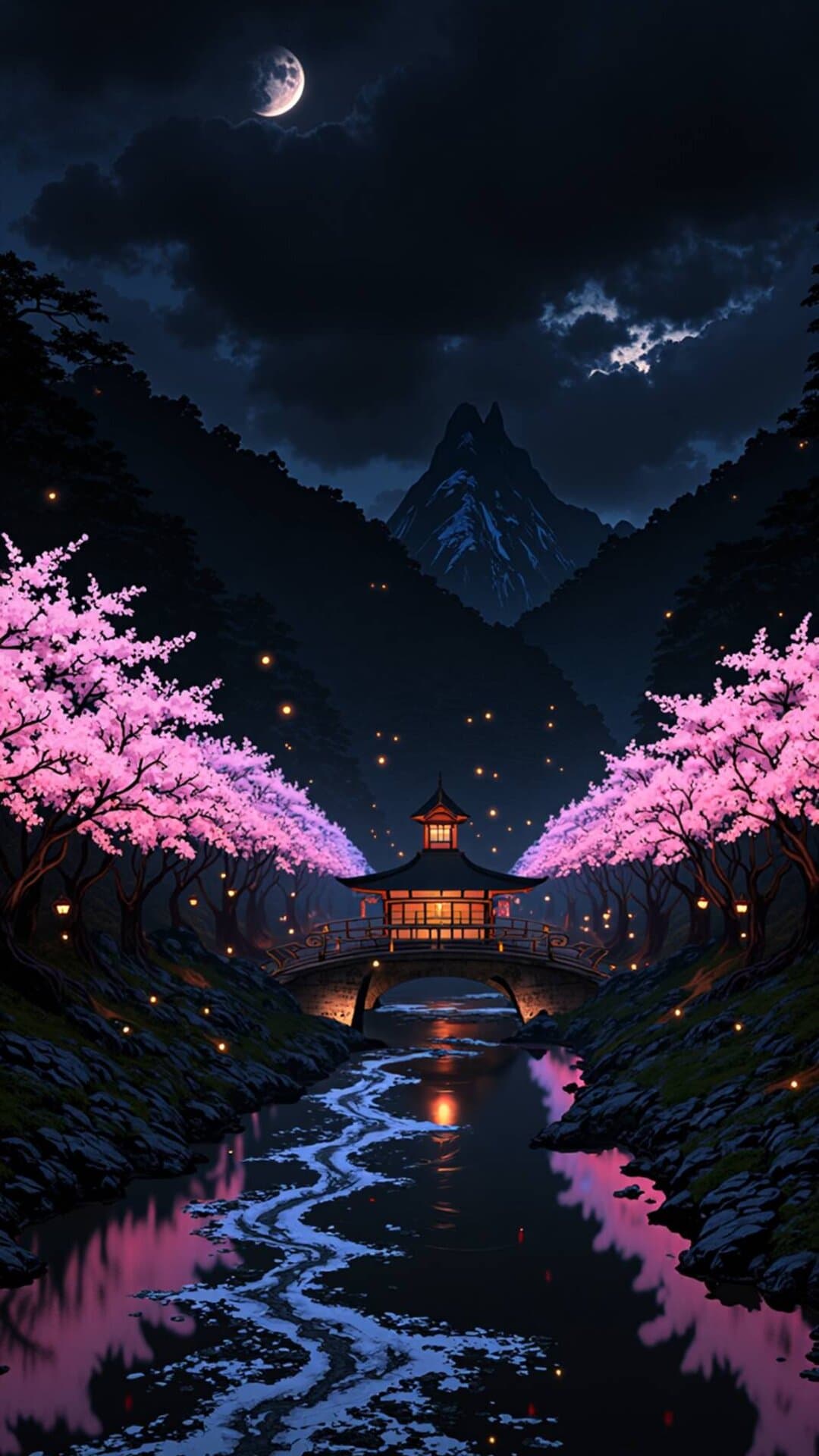 A breathtaking, stylized scene of a Japanese temple under a glowing crescent moon, surrounded by vibrant pink cherry blossoms and tranquil water.