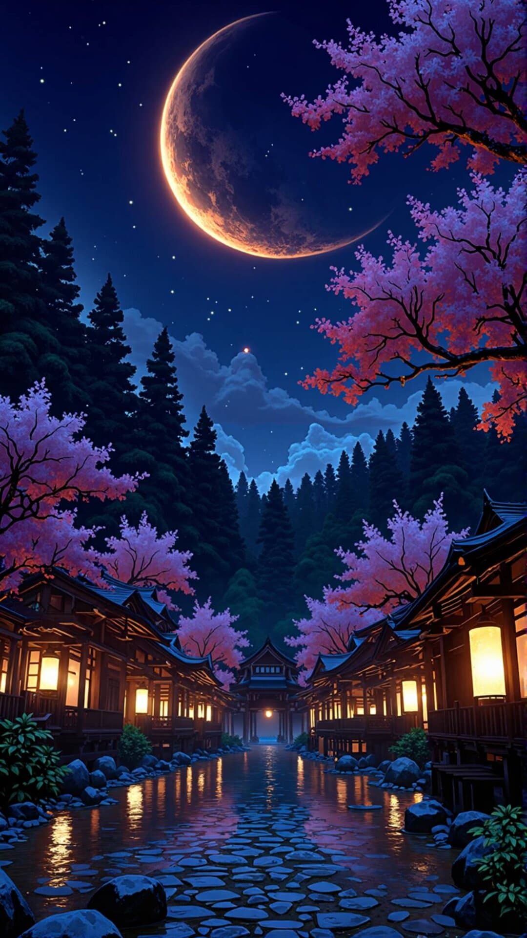 A tranquil, cinematic Japanese street scene with glowing cherry blossoms under a massive full moon.