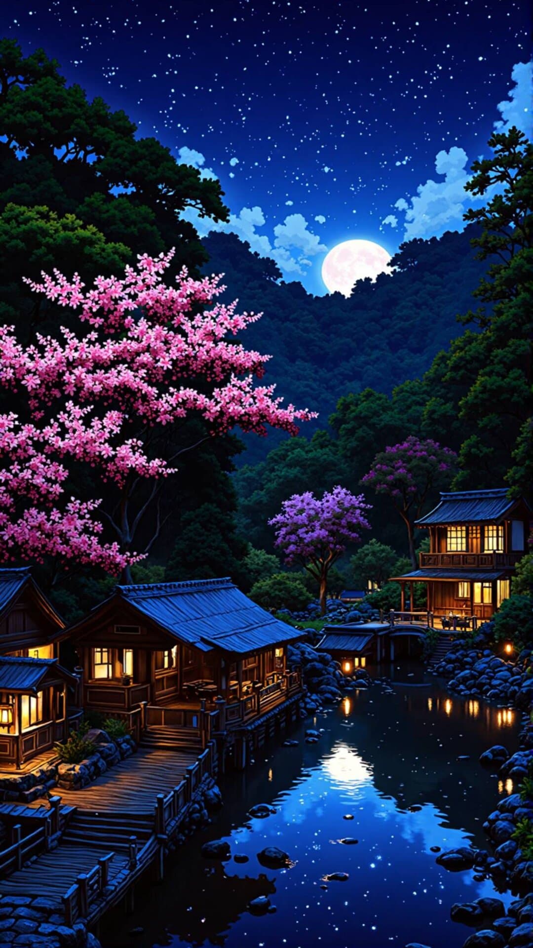 A magical, starlit scene of traditional Japanese temples nestled by a waterway, surrounded by vibrant cherry blossoms under a large full moon.