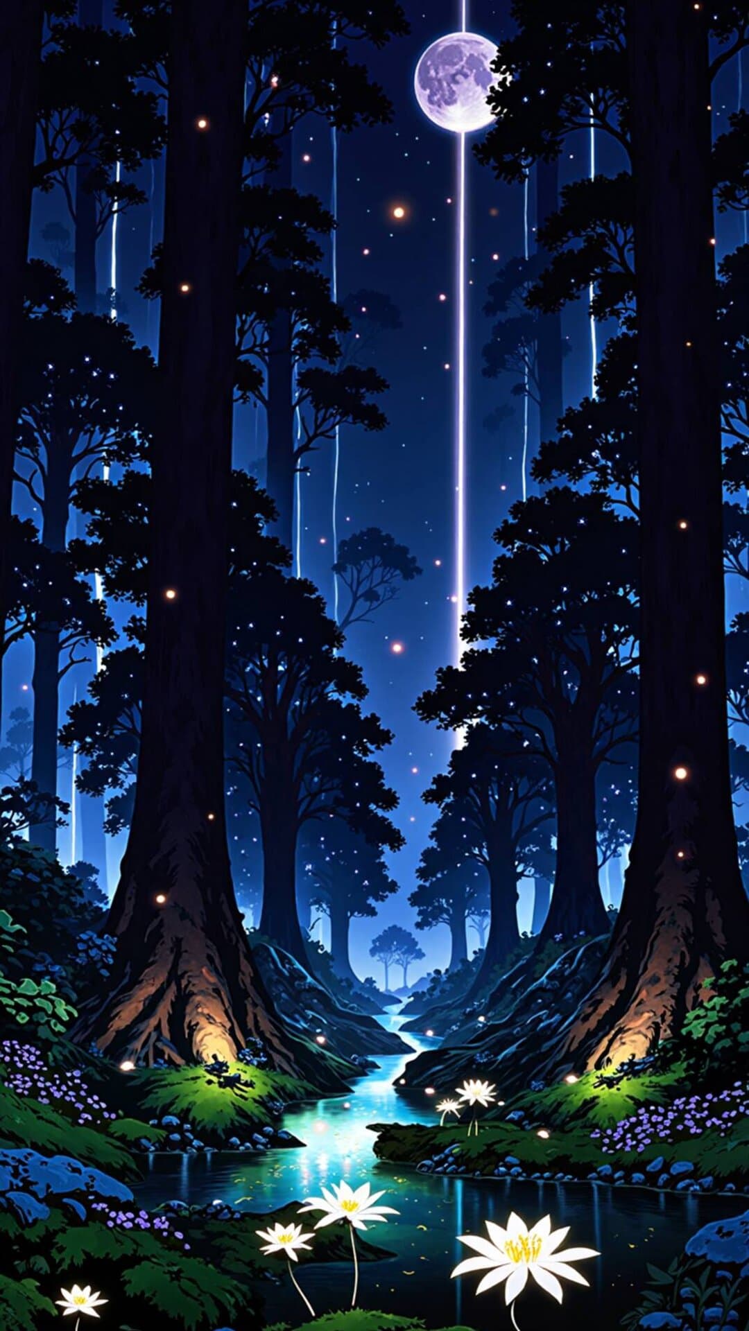 A dramatic, stylized illustration of a glowing path through a moonlit, magical forest, perfect for a serene, fantastical aesthetic.