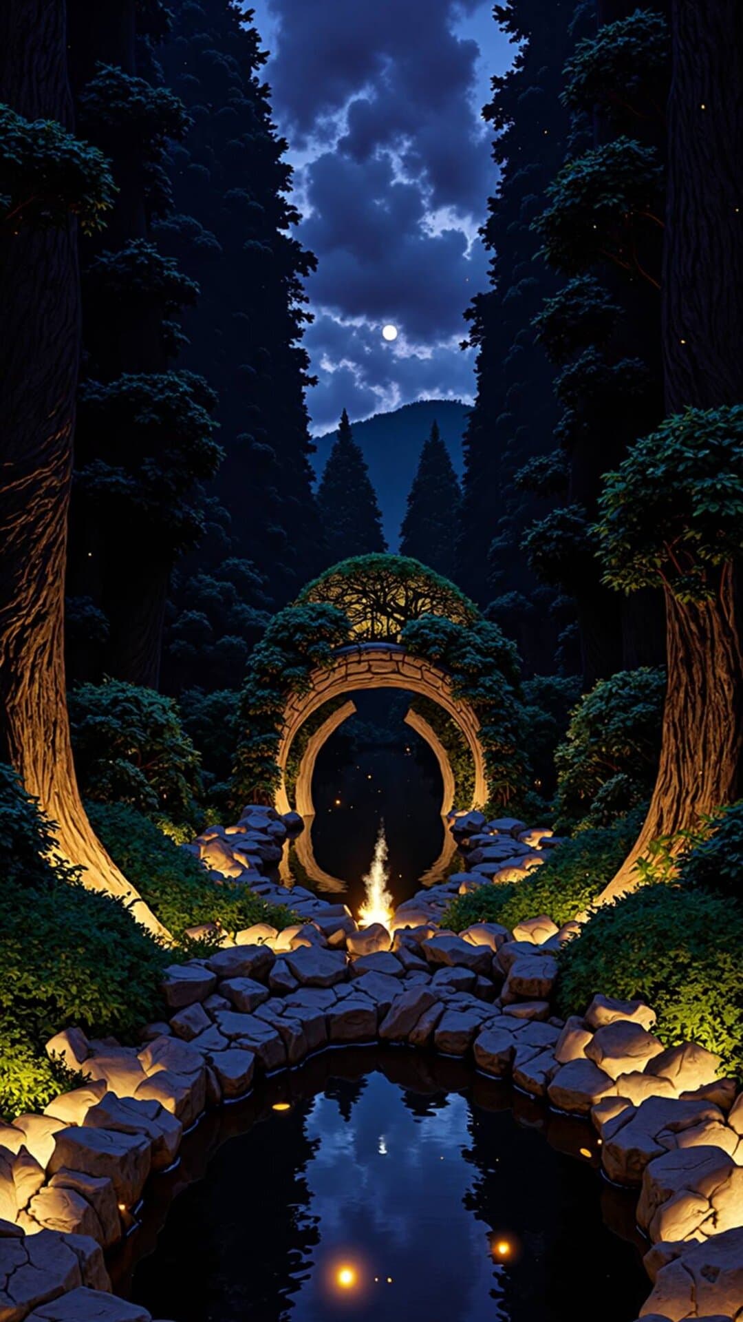 A magical, cinematic portal nestled in a towering, bioluminescent forest by a calm, reflective pool under a crescent moon.