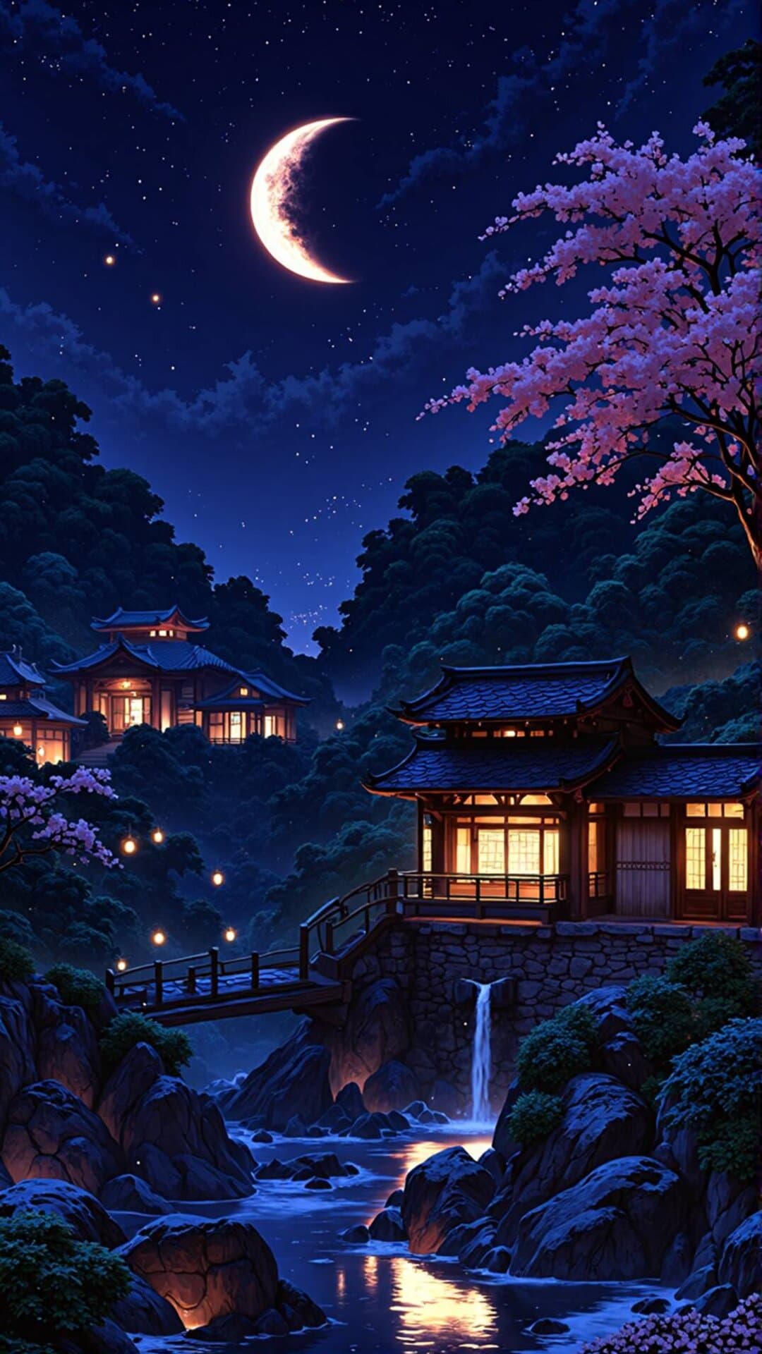 A tranquil, nocturnal Japanese village scene illuminated by a crescent moon, blending traditional architecture with fantasy elements.