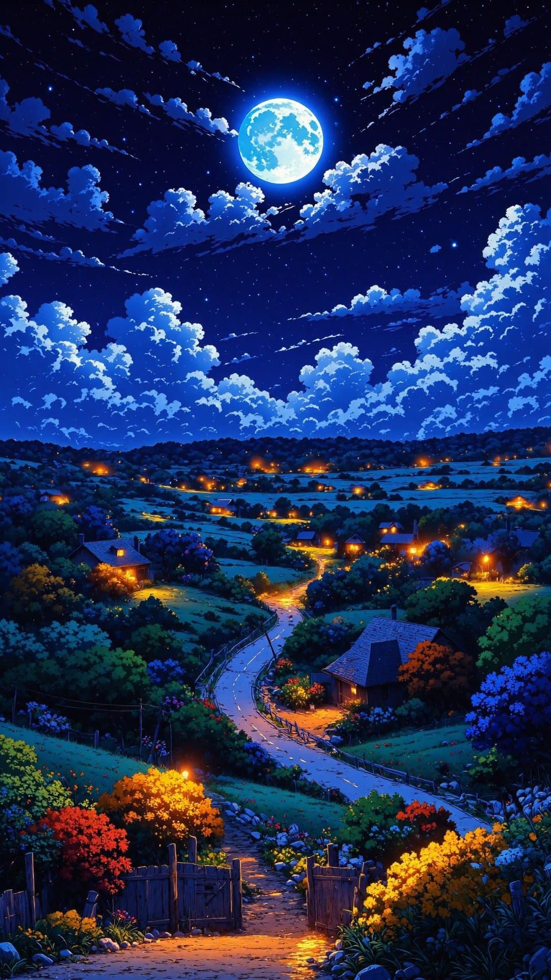 A breathtaking, hyper-detailed fantasy landscape under a huge, bright full moon, featuring a winding path and glowing fields.