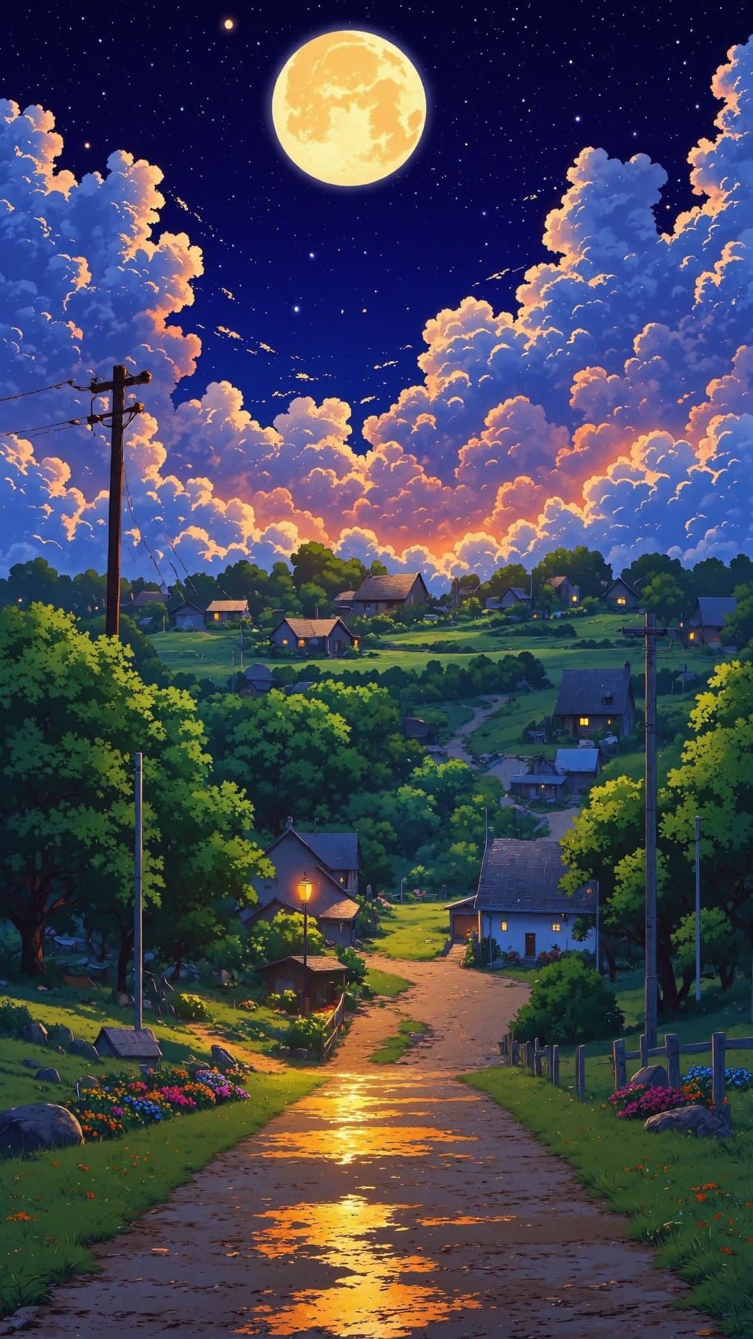 A stunning cinematic illustration of a glowing full moon over a tranquil, stylized village nestled among dense green trees.