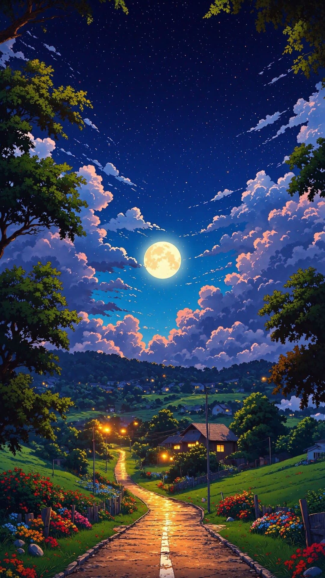 A stunning, cinematic digital painting of a moonlit path through rolling, glowing fields under a dramatic, starry night sky.