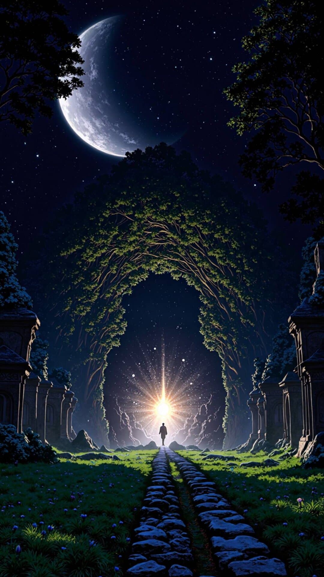 A cinematic fantasy scene of a lone figure on a cobbled path beneath a glowing, natural archway, illuminated by a giant crescent moon and bright heavenly light.