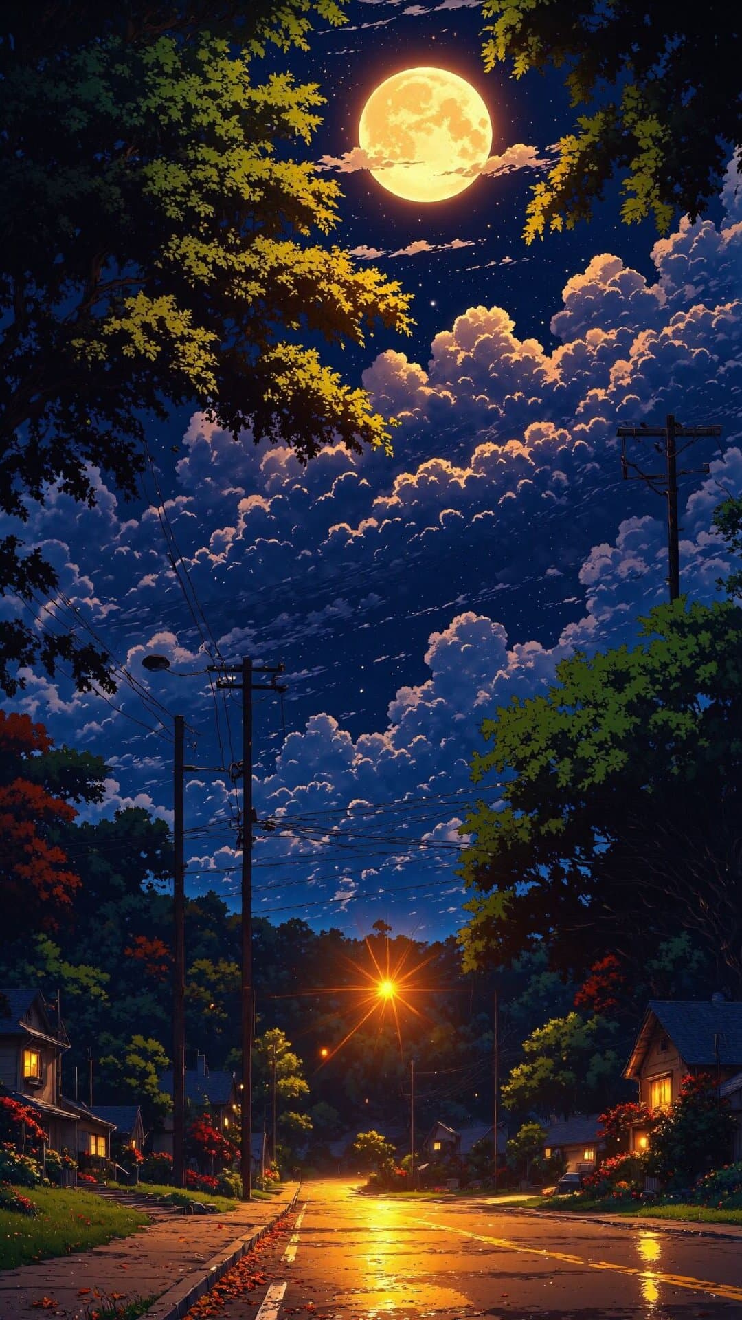 Dramatic, colorful, overhead view of a quiet, tree-lined suburban street illuminated by a huge full moon and warm sunset glow.