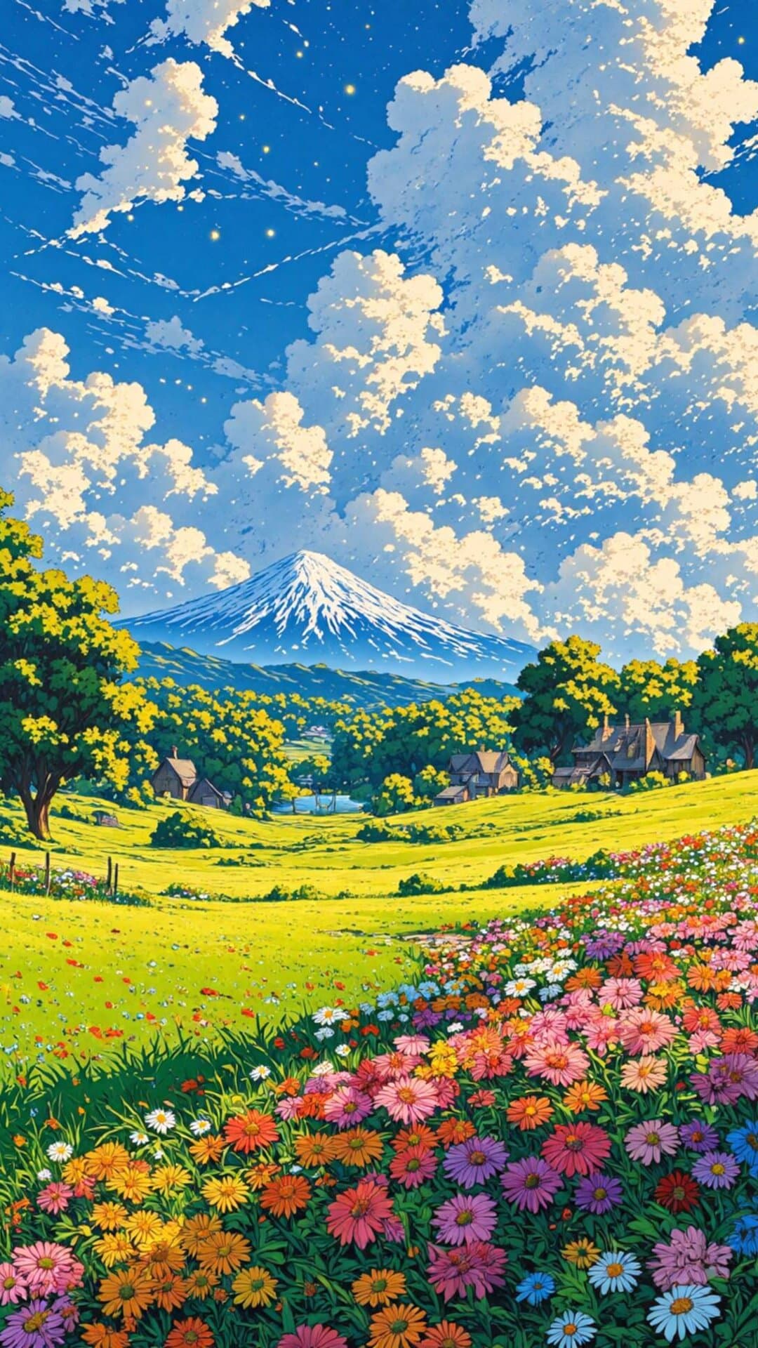 Vibrant, highly saturated illustration of a golden meadow, majestic mountain backdrop, and expansive sky with dramatic cumulus clouds.