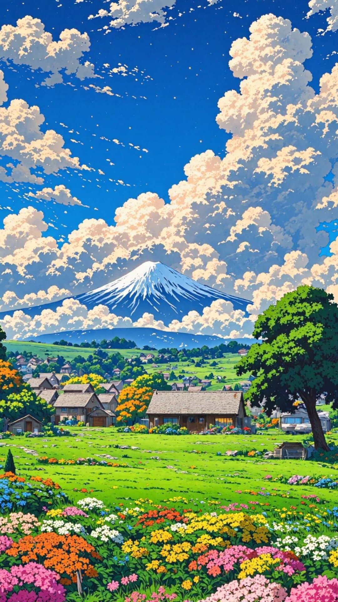 Vibrant anime style illustration of a Japanese village under a dramatic blue sky with fluffy clouds, featuring a majestic mountain backdrop.