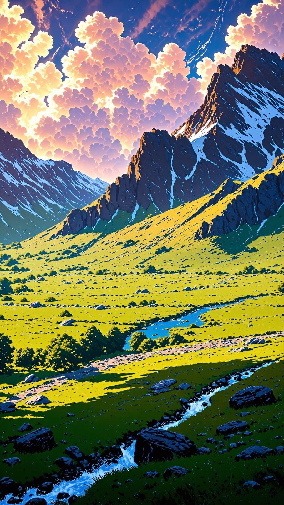 Vibrant digital art of a lush, expansive valley set against towering, dramatic mountains under a golden hour sky.