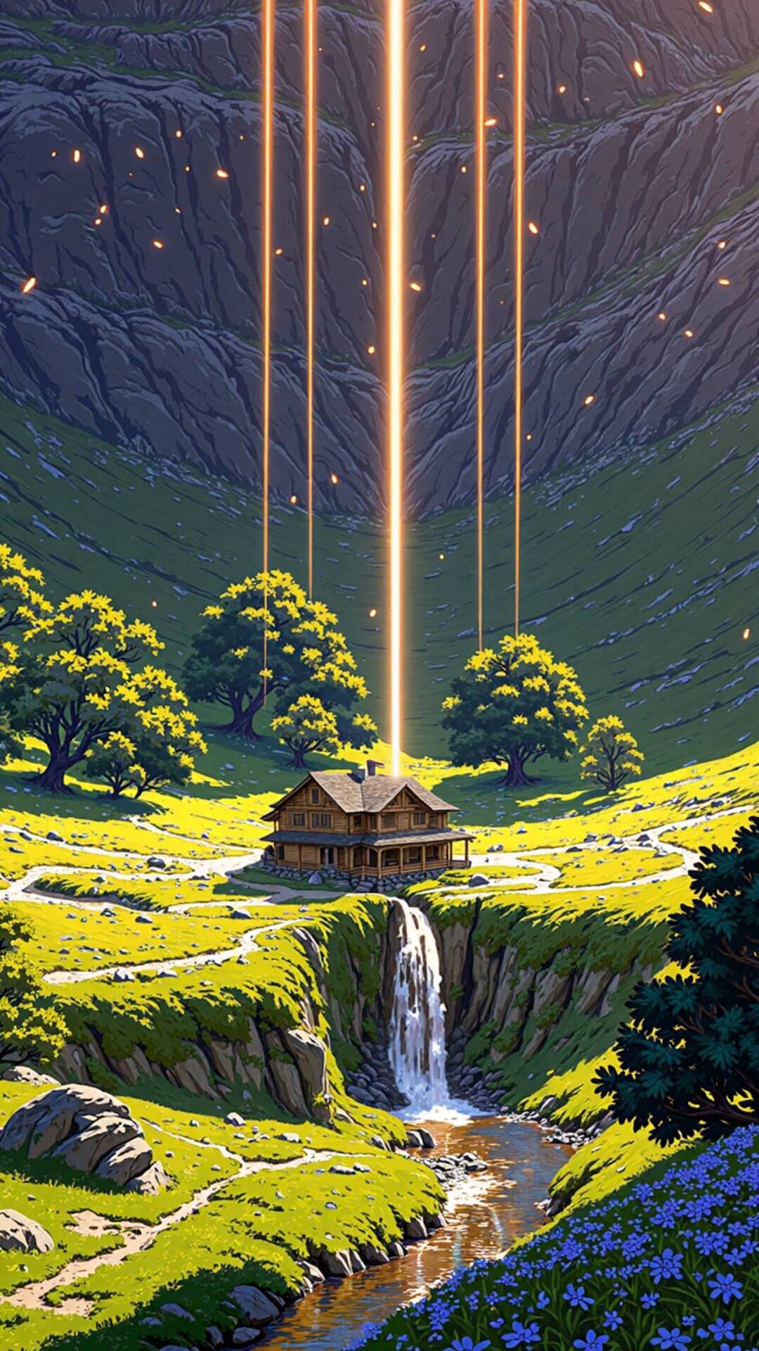 Vibrant, stylized illustration of a secluded wooden cabin nestled in a sun-drenched, verdant valley with dramatic waterfalls and glowing light beams.