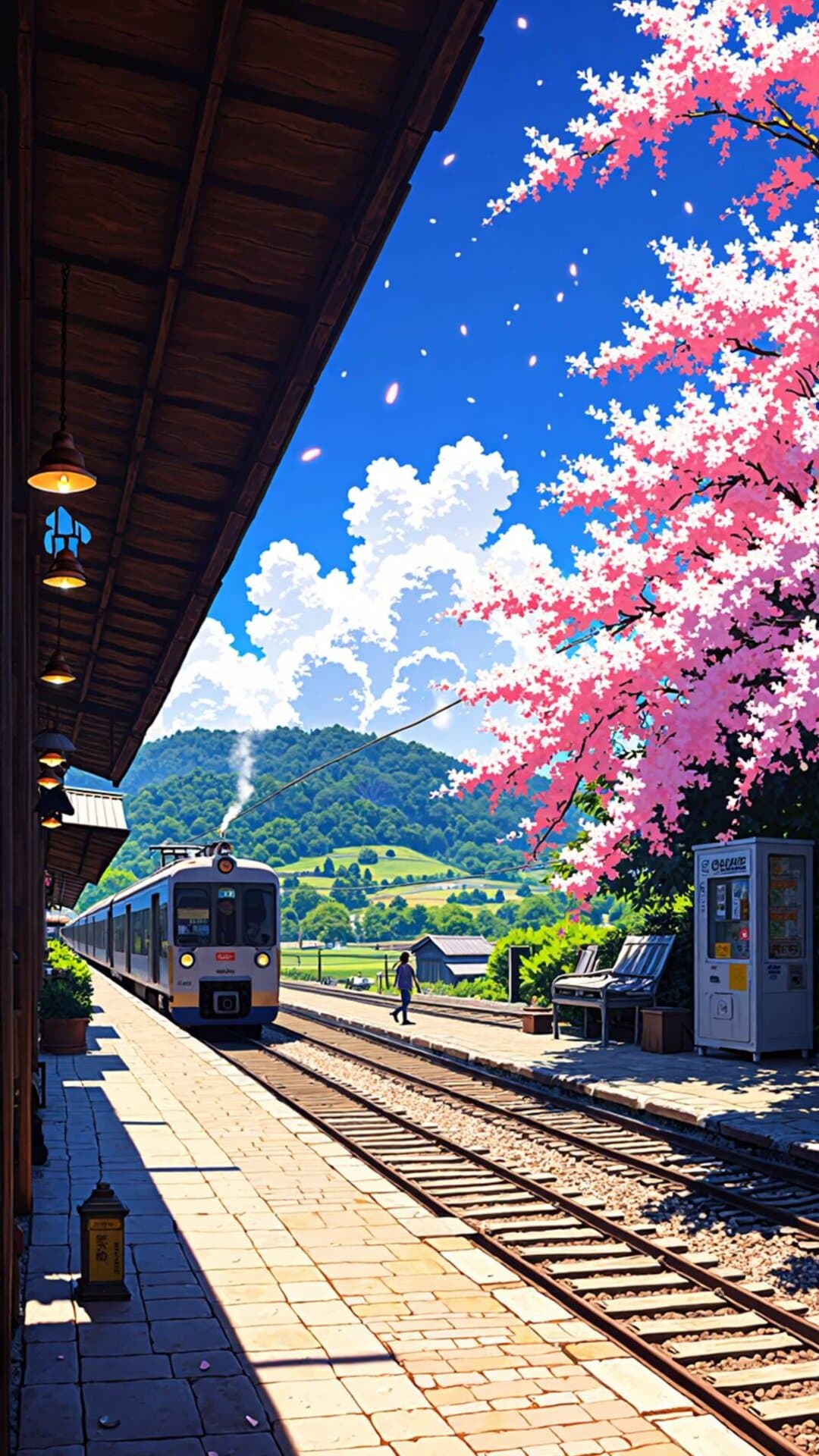 Bright, cinematic anime style illustration of a train station under vibrant pink cherry blossoms.