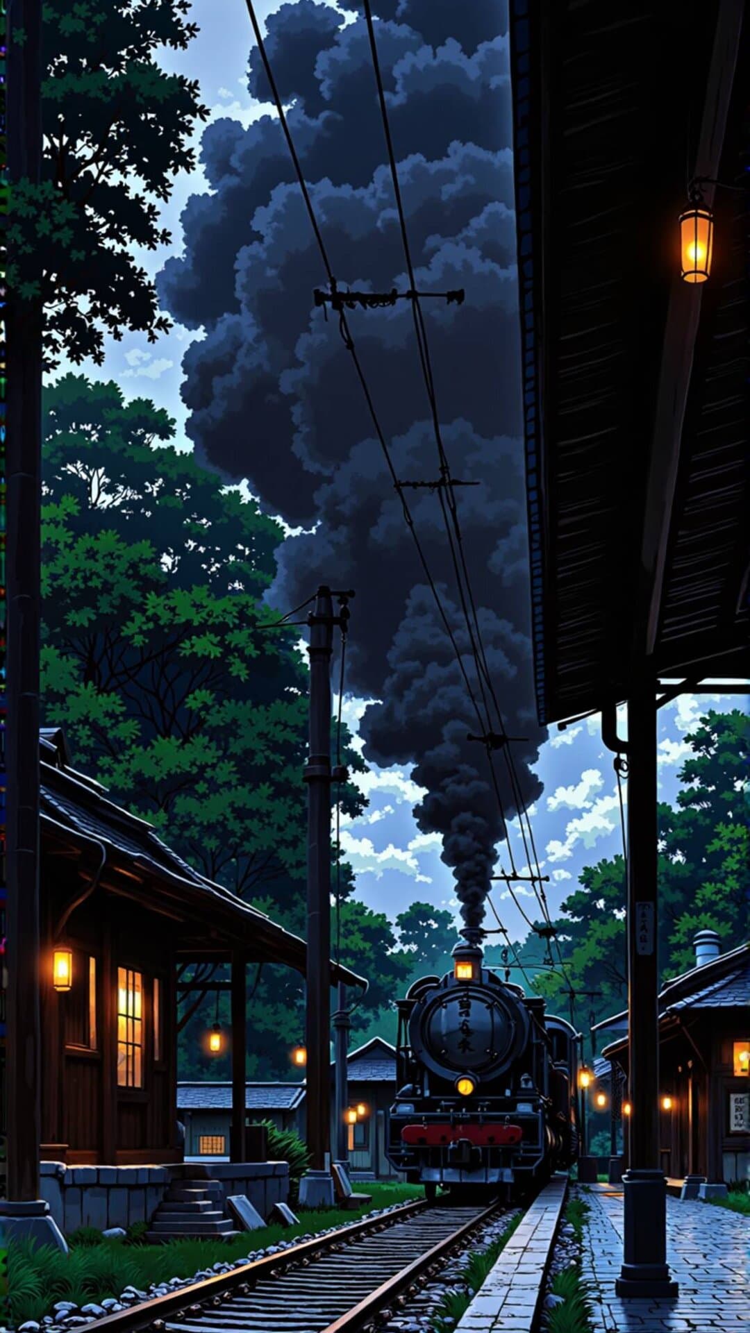 A cinematic, moody depiction of a steam train arriving at a covered, traditional station surrounded by deep, lush greenery.