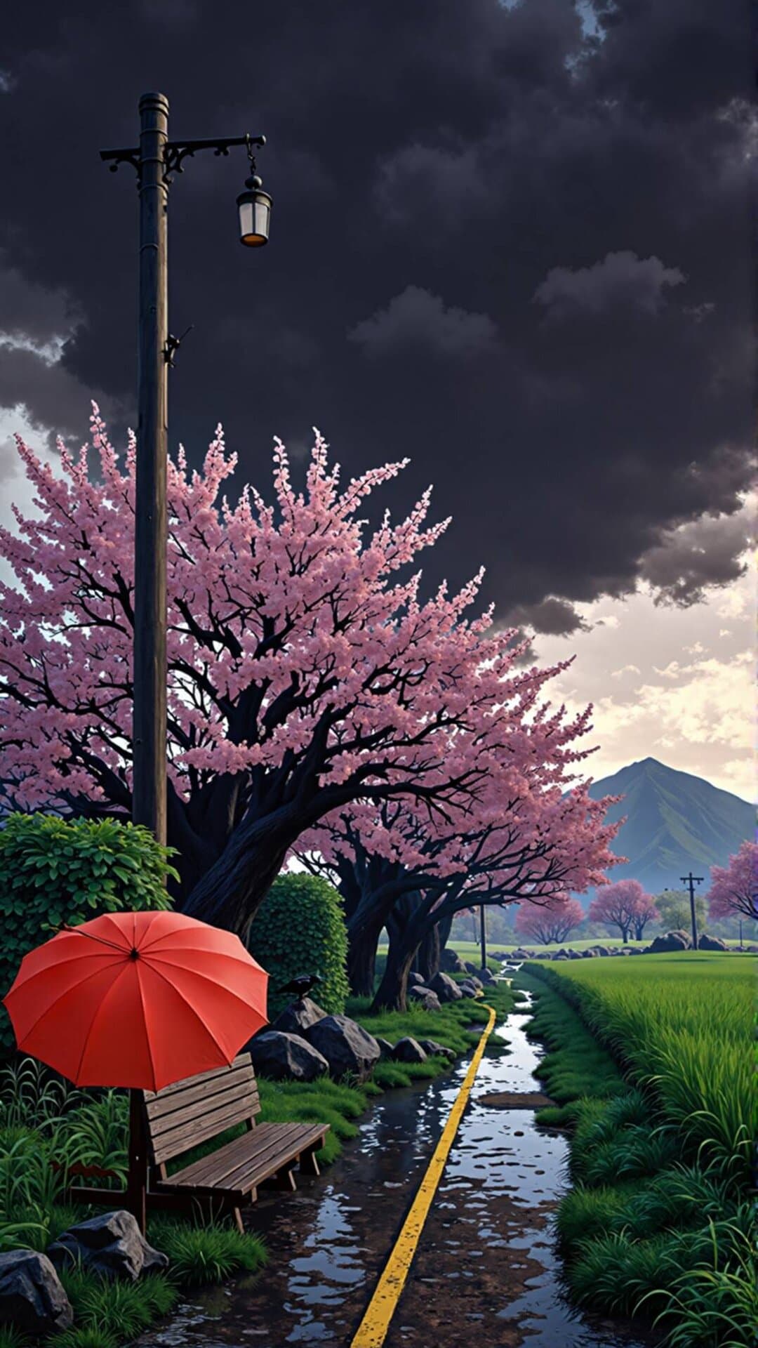 A vibrant scene of pink cherry blossoms lining a canal under a dramatic, overcast sky, featuring a lone red umbrella.