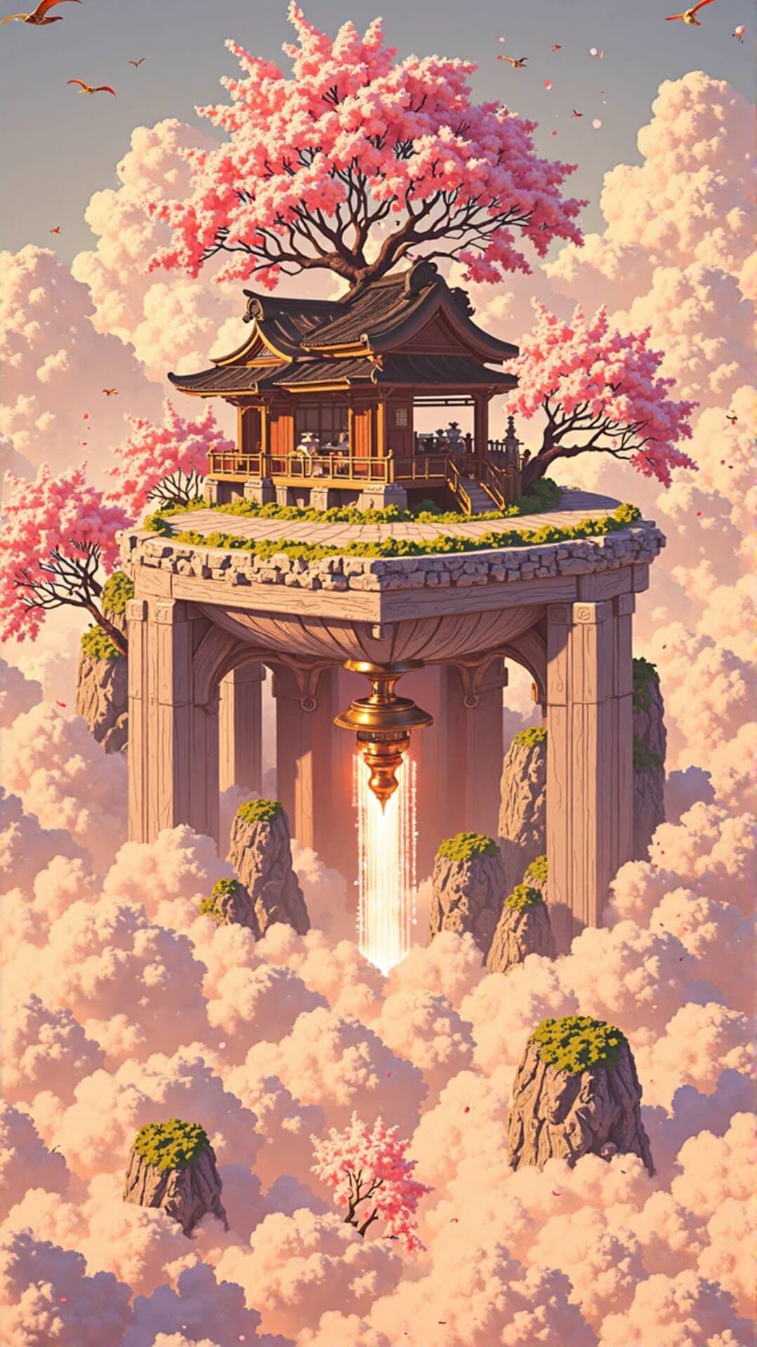 Japanese pagoda elevated among soft, pastel pink cherry blossoms and dramatic clouds, evoking a tranquil, dreamlike atmosphere.