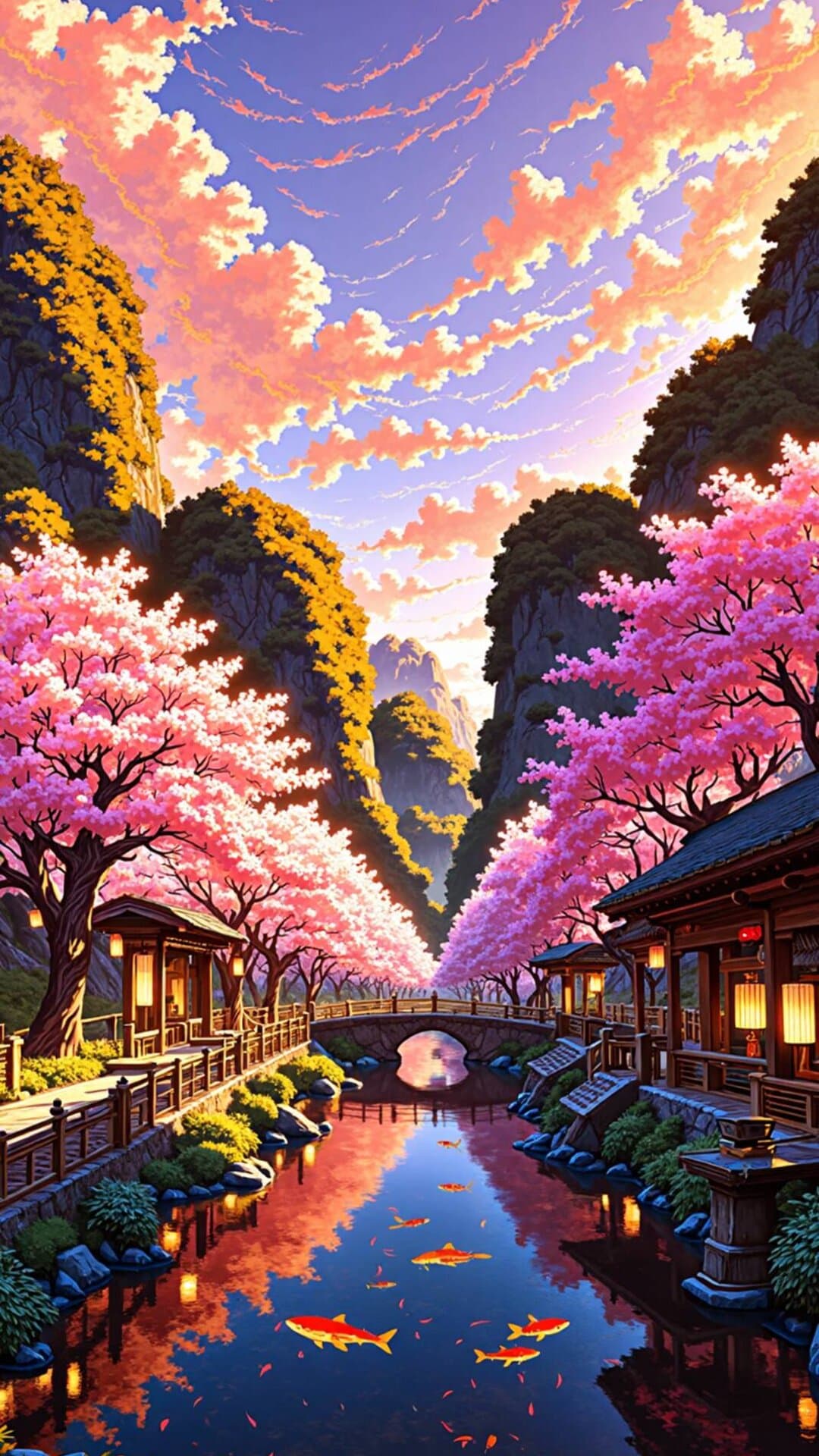 Anime-inspired dreamscape of a traditional Chinese village nestled in a vibrant, pink cherry blossom canyon at golden hour.