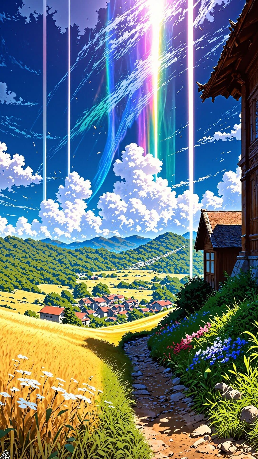 A vibrant cinematic landscape featuring golden fields, a quaint village, and a dramatic rainbow arching over rolling green hills under bright skies.