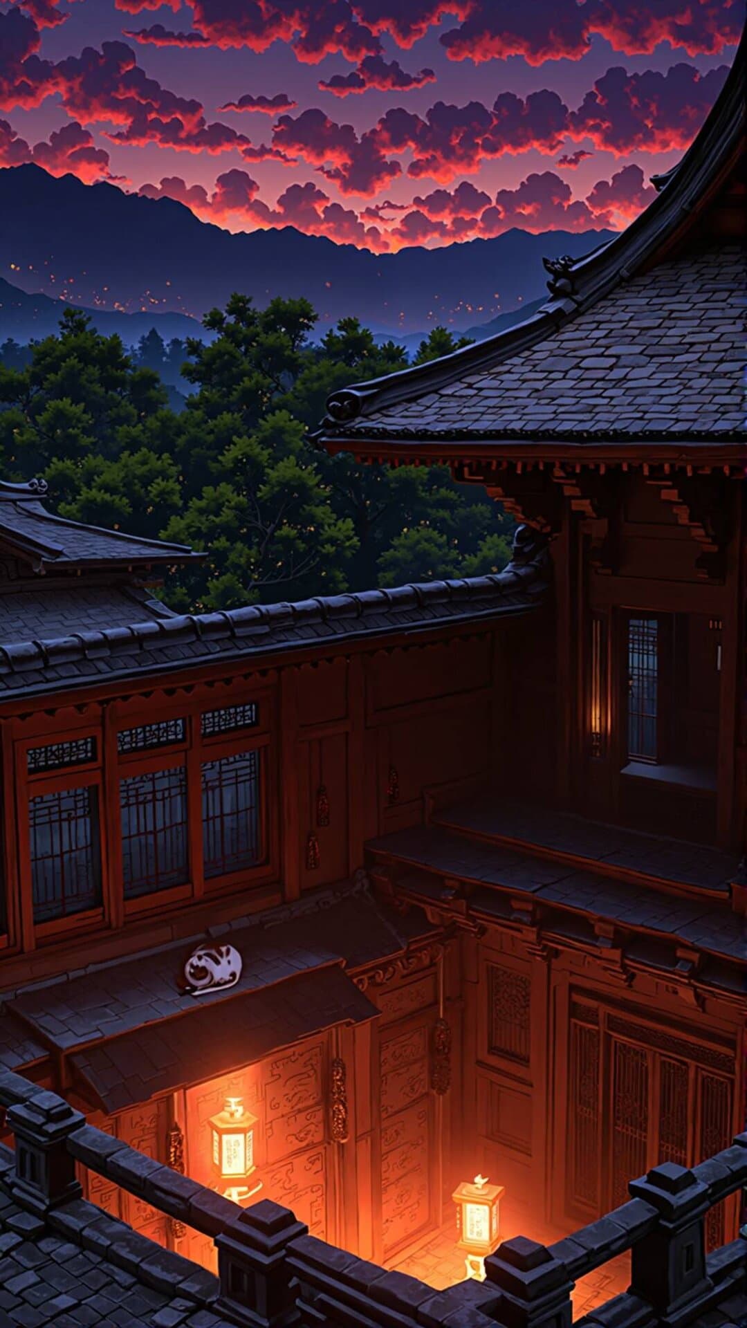 A cinematic view of traditional Japanese buildings under a dramatic, colorful sunset sky.