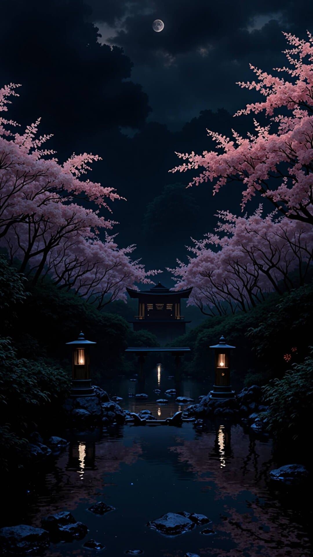 A serene, moonlit Japanese garden scene featuring vibrant pink cherry blossoms (sakura) reflecting in dark, tranquil water.