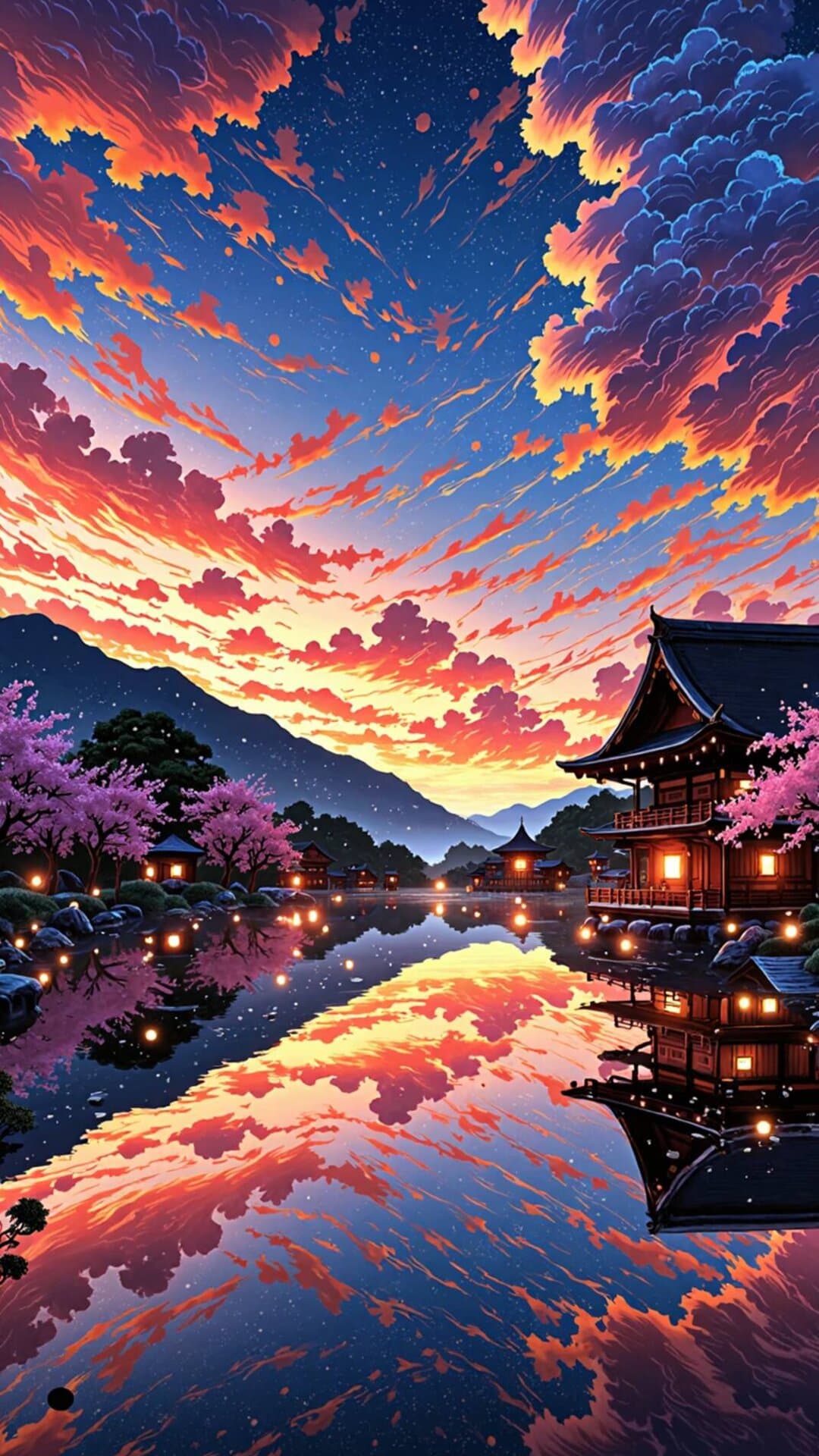 Vibrant Japanese temple reflected in still water under a dramatic pink and orange sunset sky.