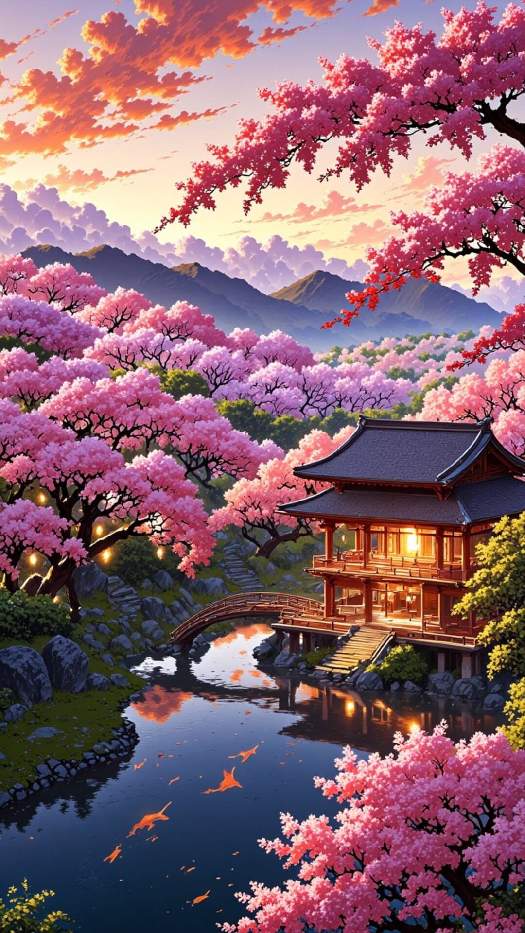 Vibrant illustration of a Japanese temple surrounded by blooming cherry blossoms (sakura) under a dramatic sunset sky. Dreamy and serene.