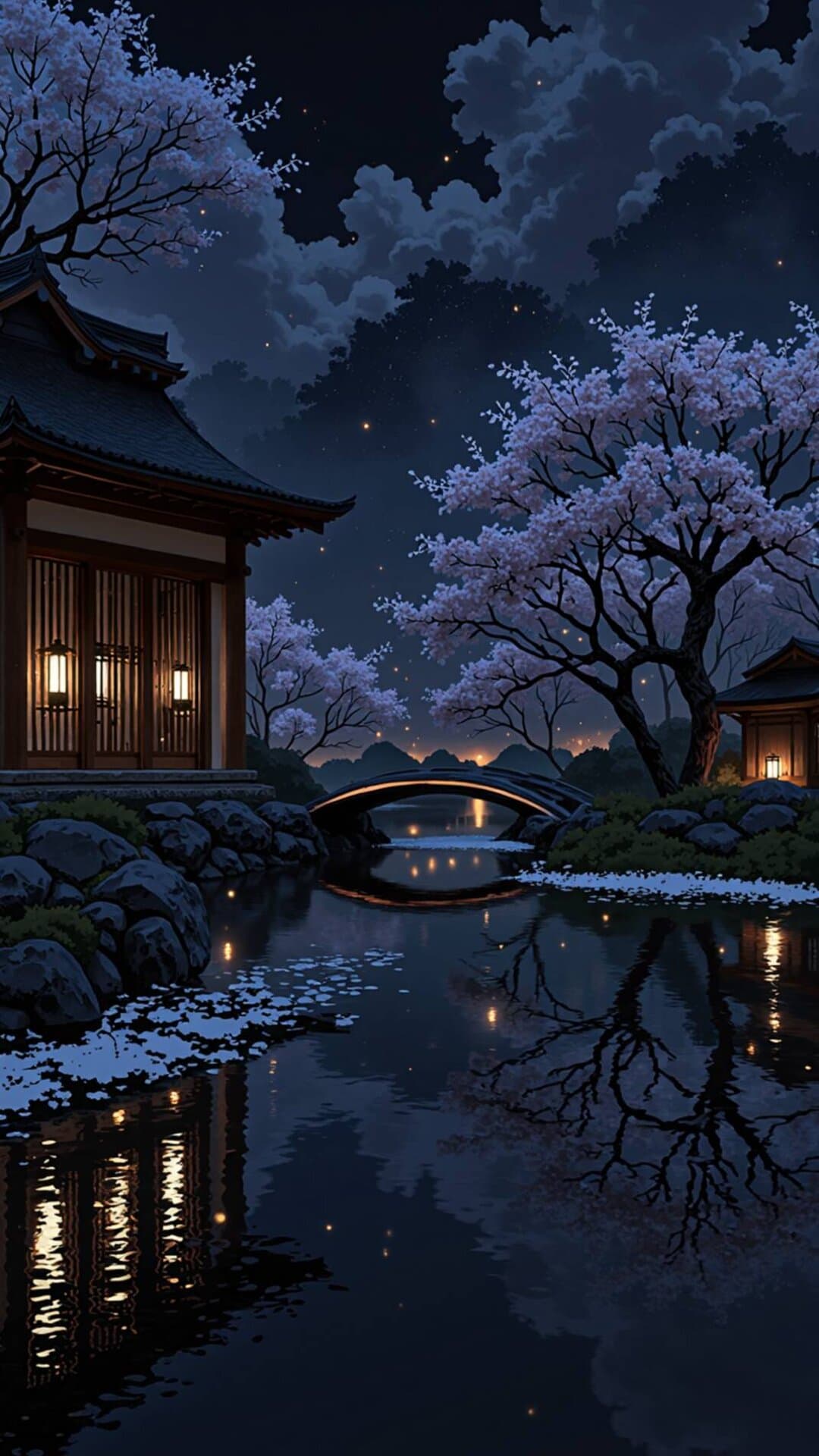Serene Japanese temple architecture reflected in still water under blooming sakura trees at night.