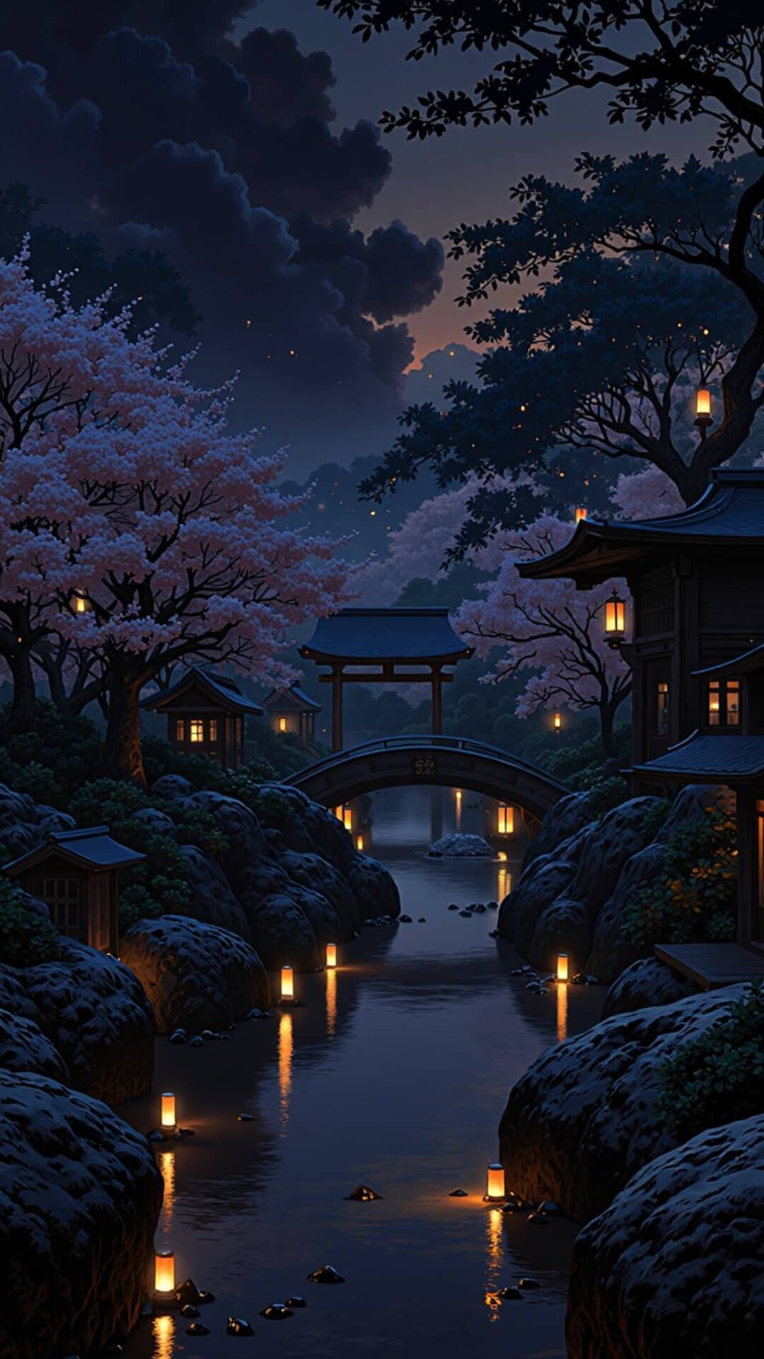A beautiful, deeply atmospheric depiction of a Japanese temple archway surrounded by blooming cherry blossoms and dark, mysterious water, perfect for a dreamy mood.