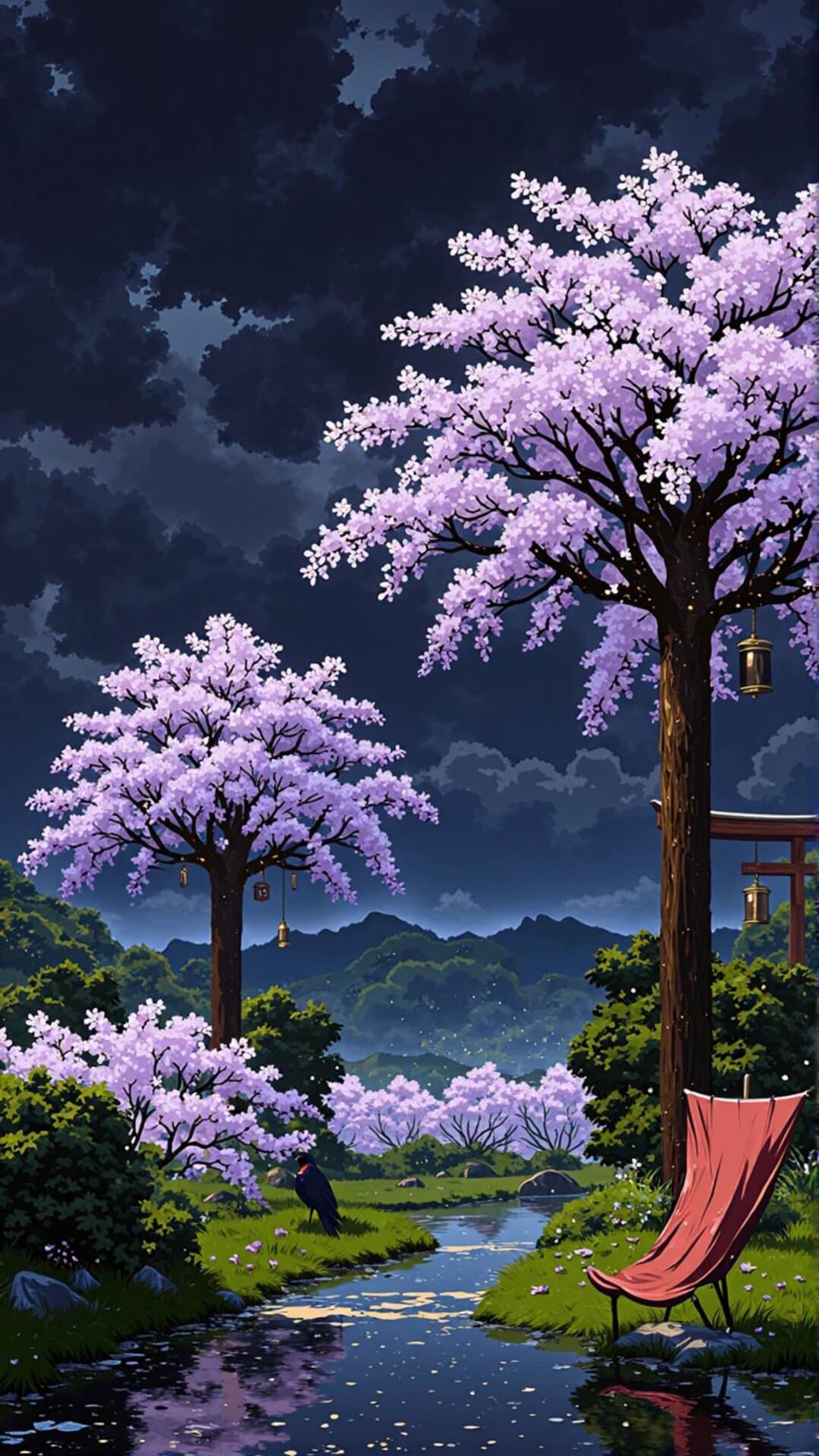 Vibrant illustration of pink cherry blossoms (sakura) lining a gentle stream under dramatic, moody skies. Anime/Lofi style.