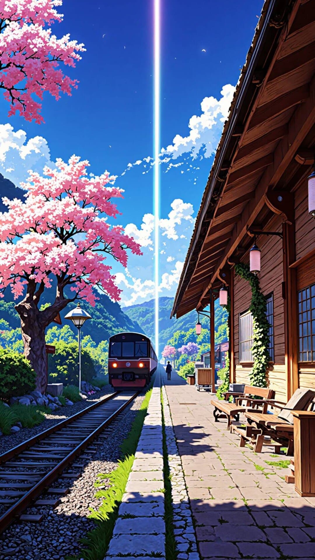 A cinematic view of a train passing by a wooden station under vibrant pink cherry blossoms and blue sky.