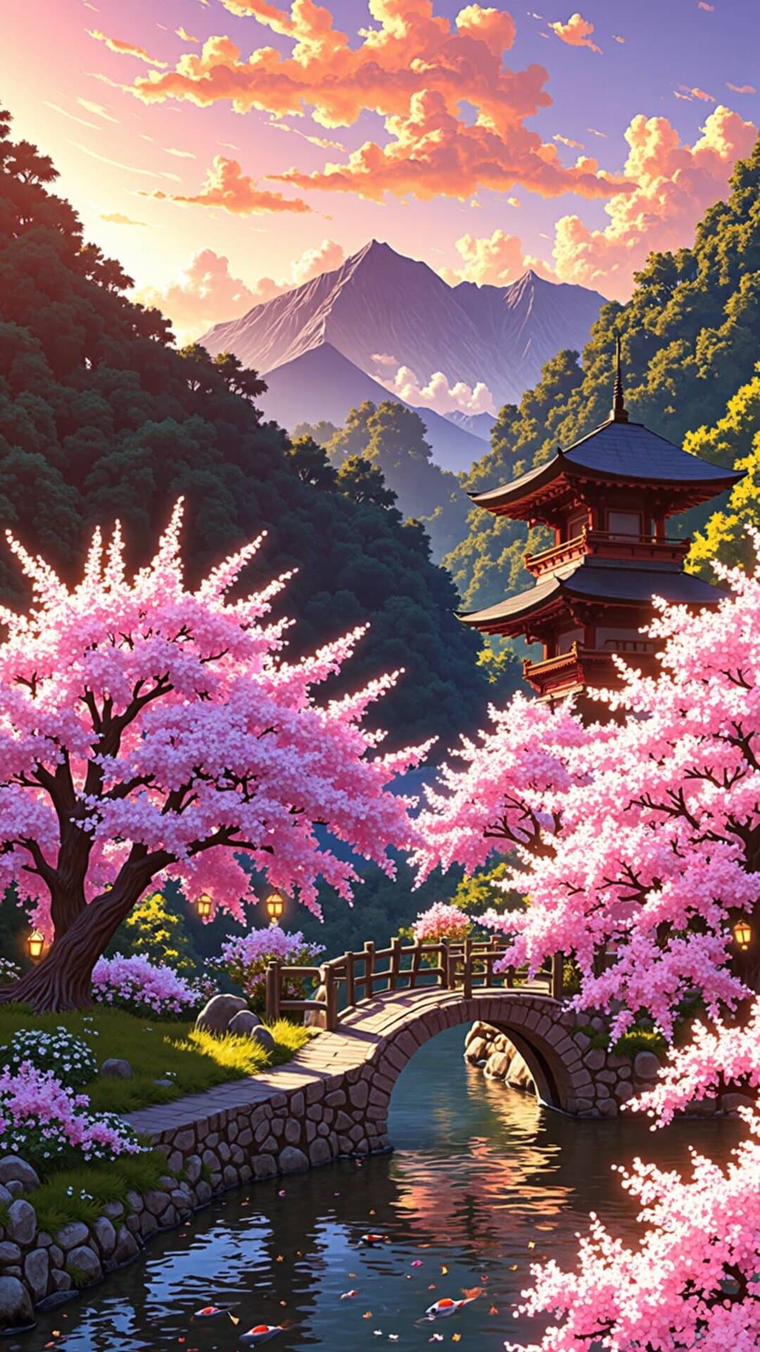 Breathtaking Japanese spring scene with blooming cherry blossoms, a serene pagoda, and misty mountains at golden hour.