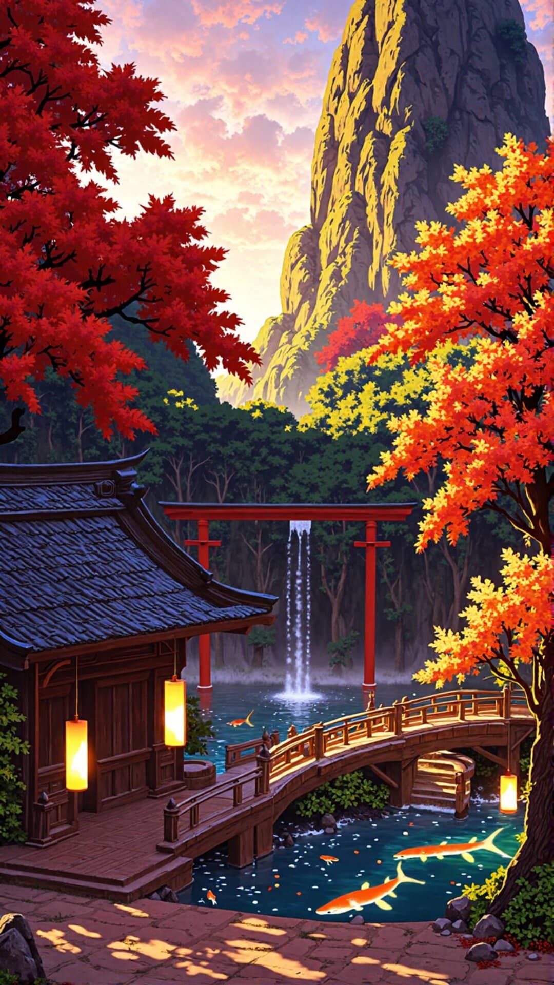 A breathtaking, vibrant illustration featuring a traditional Japanese temple, ornate bridge, and towering mountain backdrop during a golden hour sunset.
