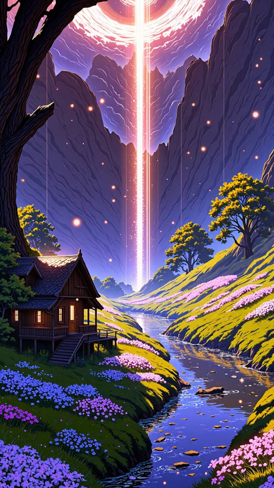 A vibrant, fantasy-anime scene depicting a deep canyon with a glowing central column of light, overgrown banks, and a charming wooden cabin.