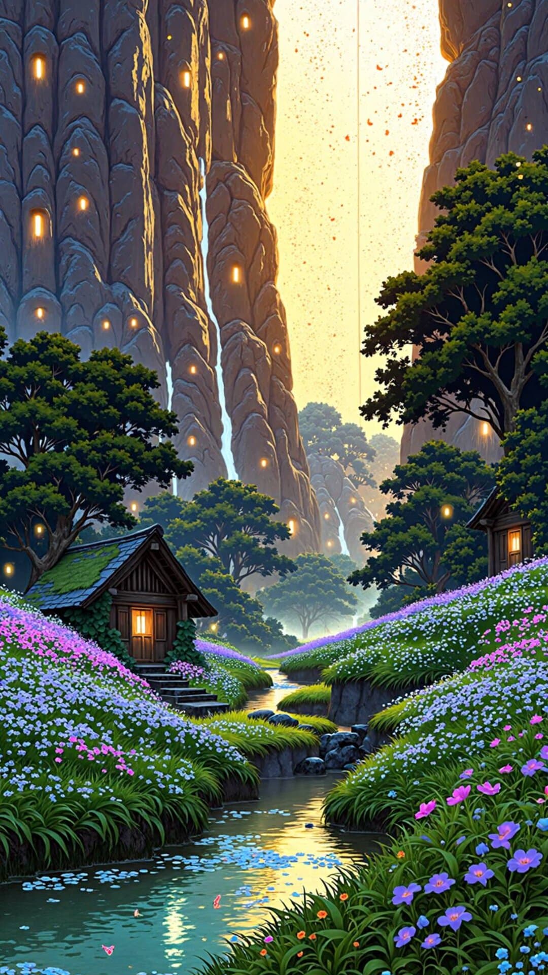 A lush, ethereal fantasy scene with glowing waterfalls, vibrant flora, and Japanese-style architecture bathed in golden light.