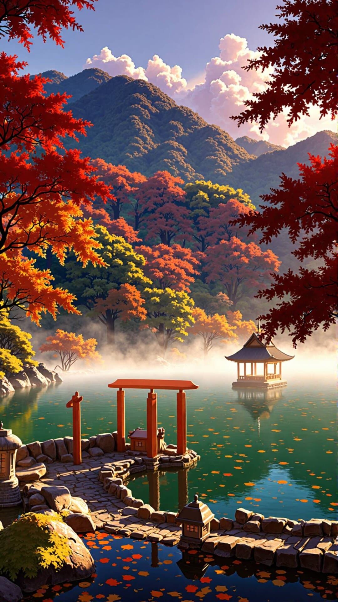 Vibrant autumn foliage over a tranquil misty lake with traditional Japanese structures at golden hour.