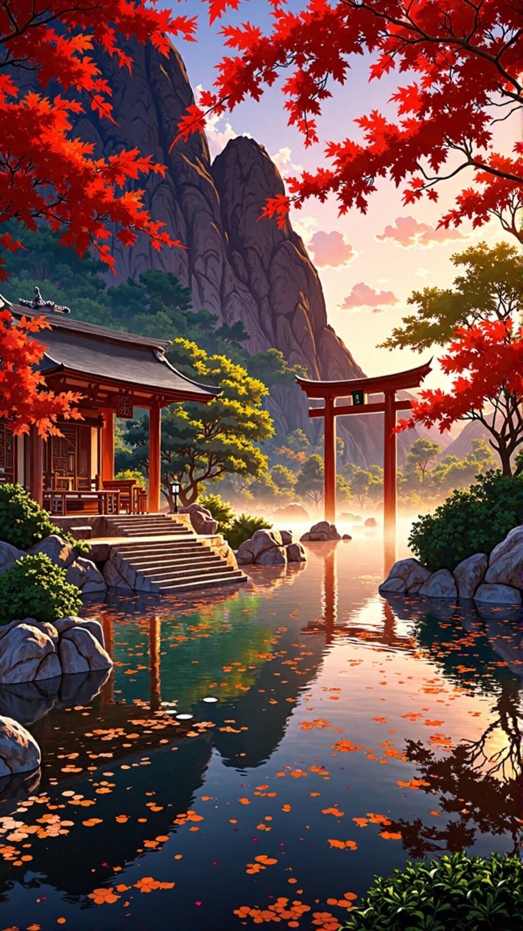 Vibrant cinematic illustration of a tranquil Japanese temple complex amidst autumn red foliage and misty mountains.