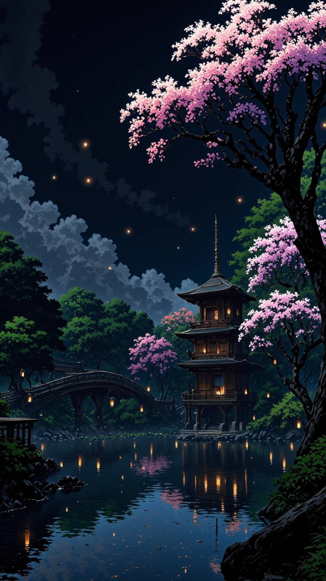 A tranquil night scene featuring a multi-tiered Japanese temple by a reflective river, framed by blooming pink cherry blossoms under a starlit sky.