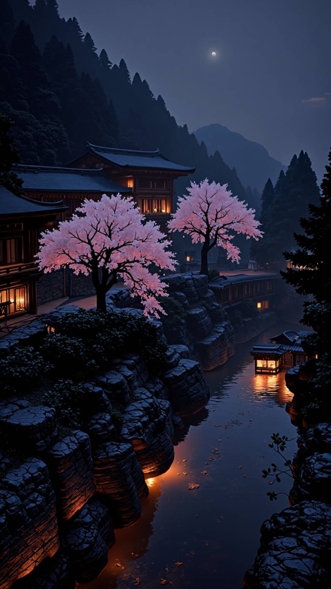 A misty, ethereal scene of Japanese-style temples lining a calm canal during spring bloom under a dusky sky.