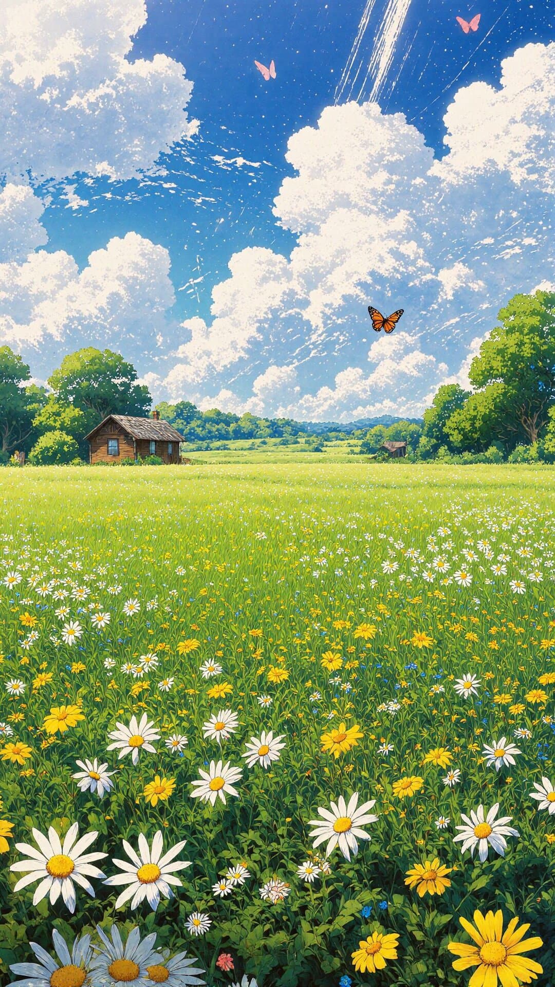 Bright, idyllic illustration of a sunny meadow filled with daisies, featuring a rustic cabin under dramatic, cloud-filled blue skies.
