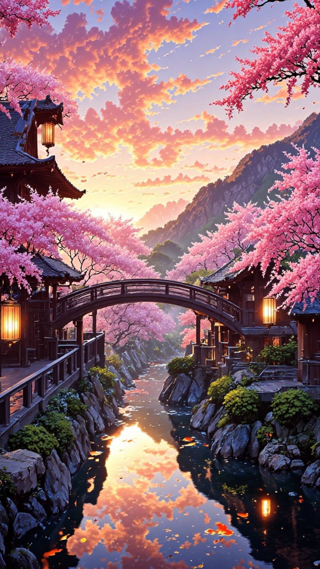 A vibrant, picturesque view of a canal lined with pink cherry blossoms and traditional Asian architecture during a stunning sunset.