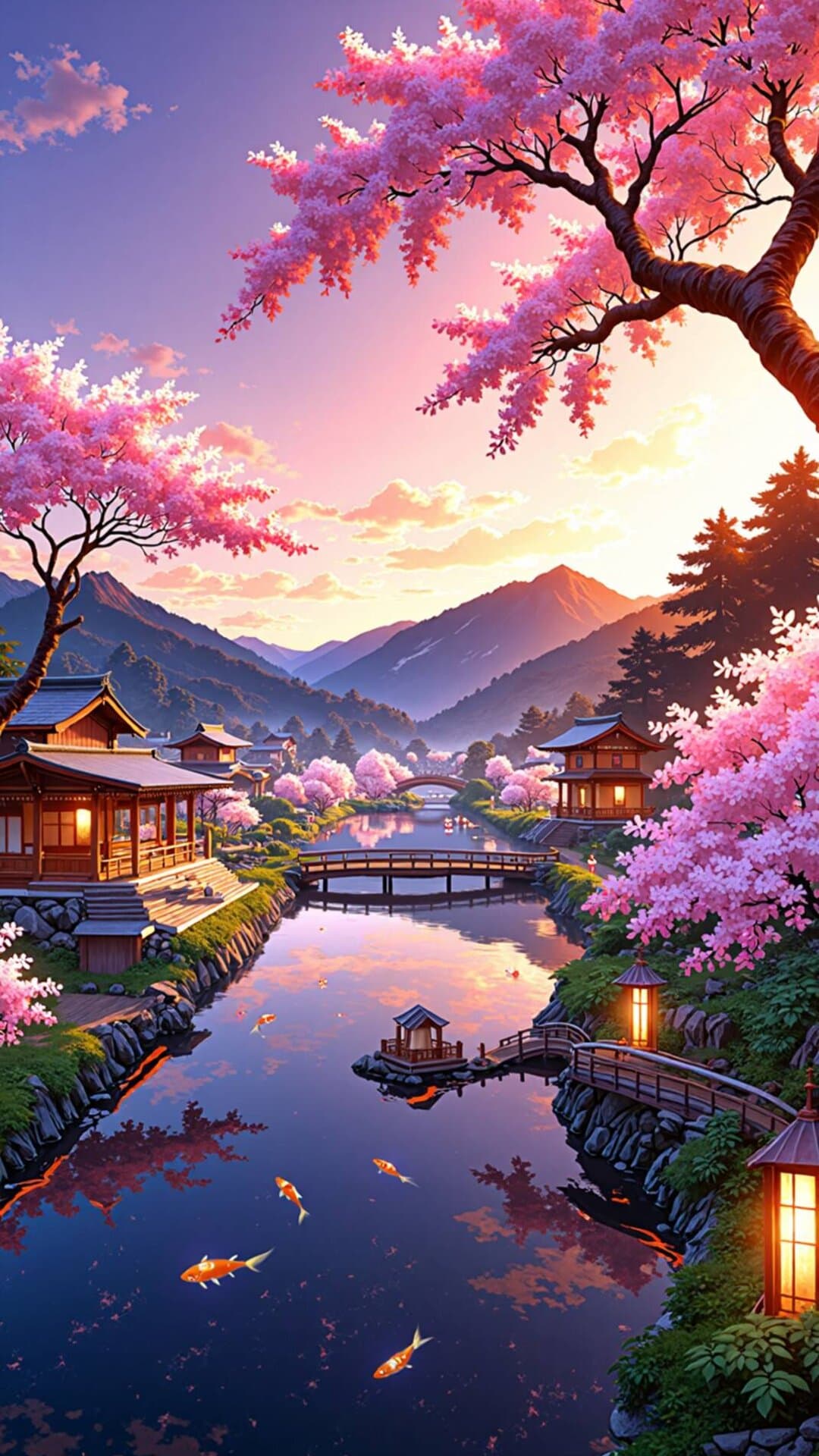 A vibrant, cinematic dreamscape of a tranquil Japanese village under blooming cherry blossoms during golden hour.