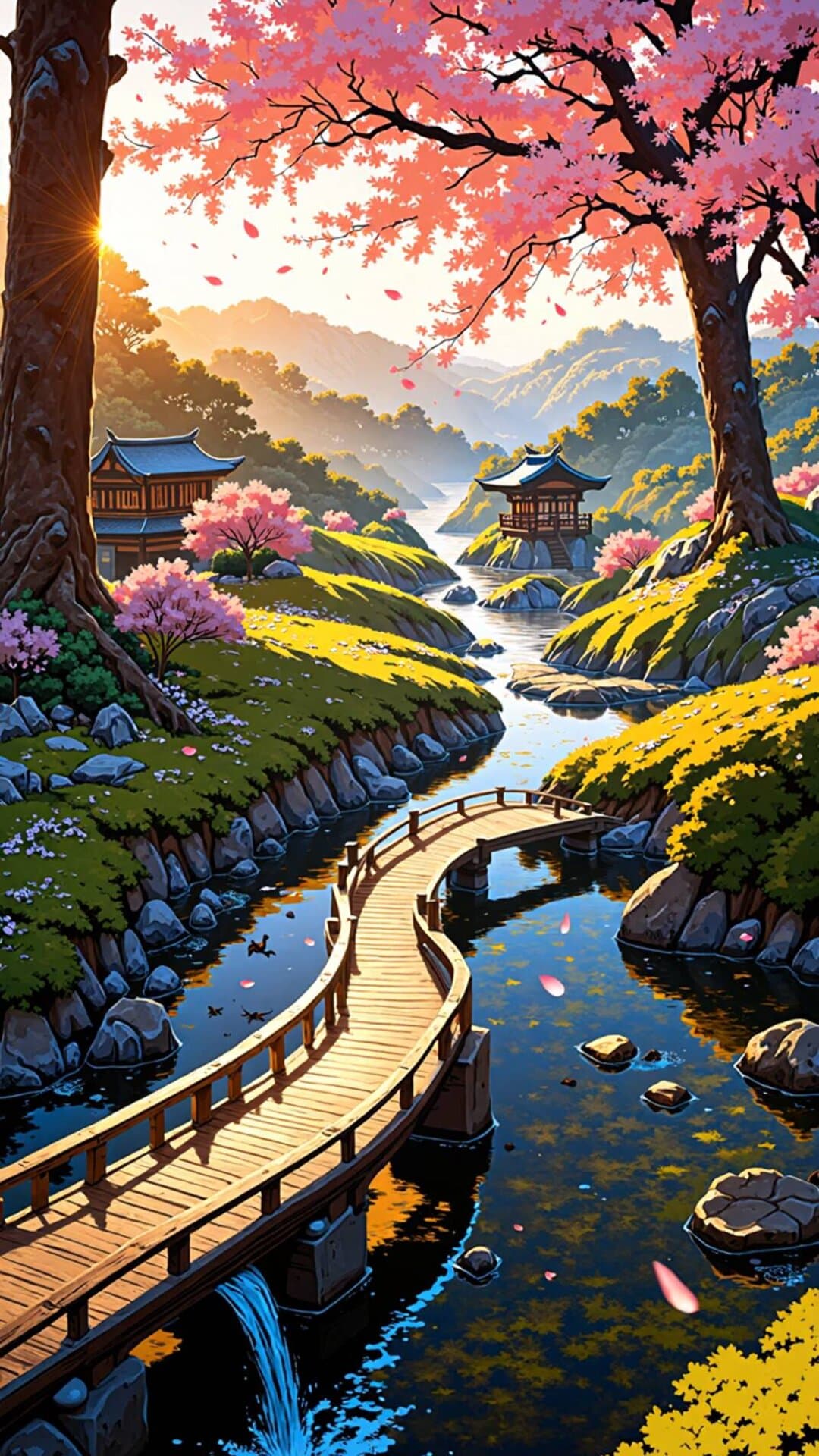 Vibrant, serene illustration of a Japanese village path through lush spring scenery under bright sunshine.